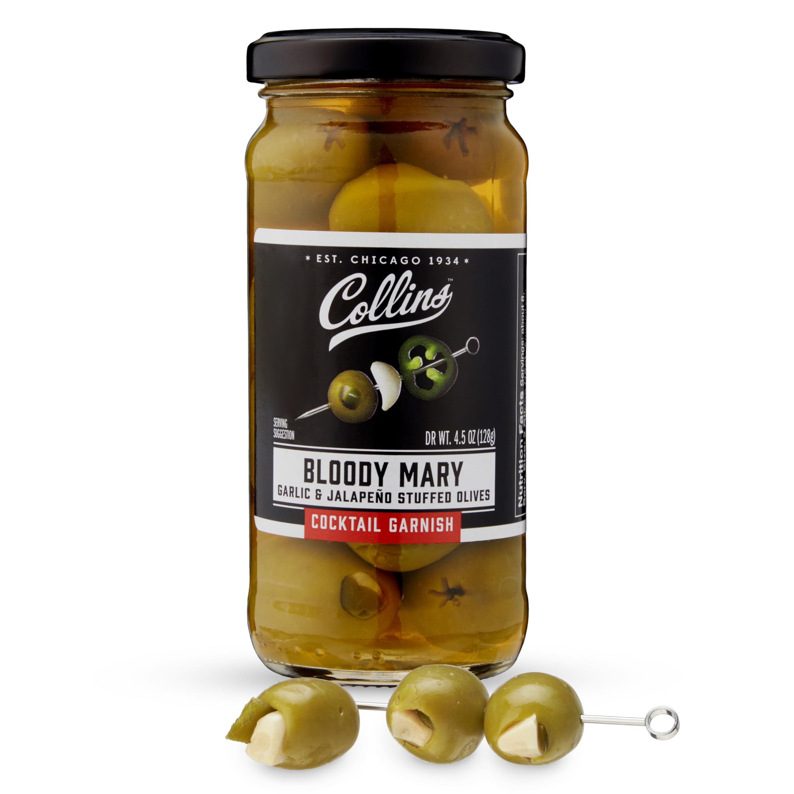 Collins Jalapeno Garlic Stuffed Cocktail Olives 4.5oz - Premium Gourmet Martini & Bloody Mary Garnish - Spicy Jalapeño & Garlic Flavored Olives for Cocktails, Charcuterie Boards & Party Snacks