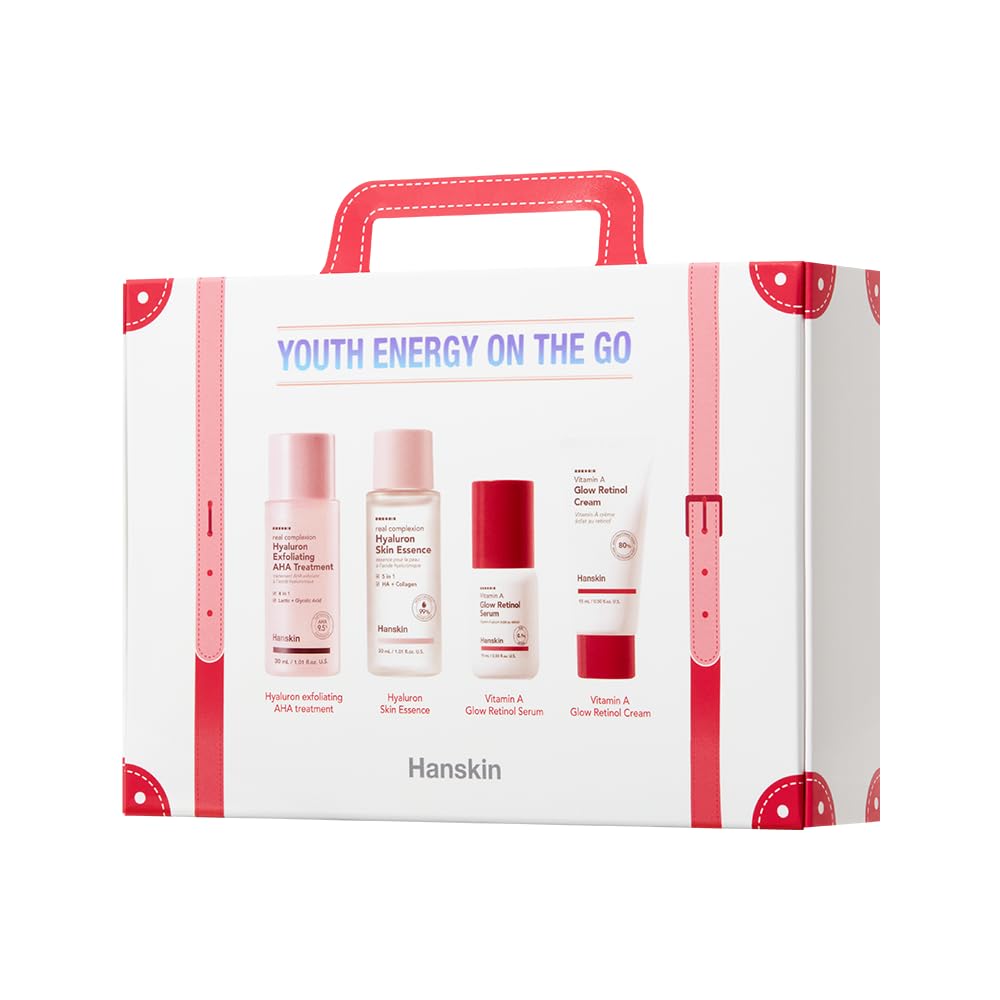 Hanskin Youth Energy On the Go Kit - 4-Piece Anti-Aging Skincare Set with Hyaluronic Acid & Retinol for Hydration & Resurfacing | Korean Facial Essence, Serum & Cream | Perfect for Travel & Daily Skincare Routine
