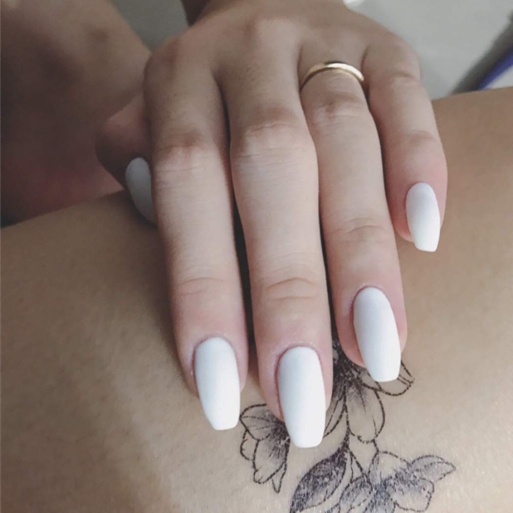 24Pcs Matte Fake Nails Pure White Coffin Full Cover False Nails - Acrylic Nails Art for Women & Girls - Perfect for Fashion Party, Prom, Wedding & Daily Wear