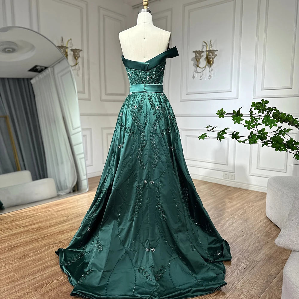 Luxury Dubai Green Arabic One Shoulder Satin Evening Gown Beaded Dress with Overskirt and Split - Elegant Formal Wear for Weddings, Galas & Special Occasions