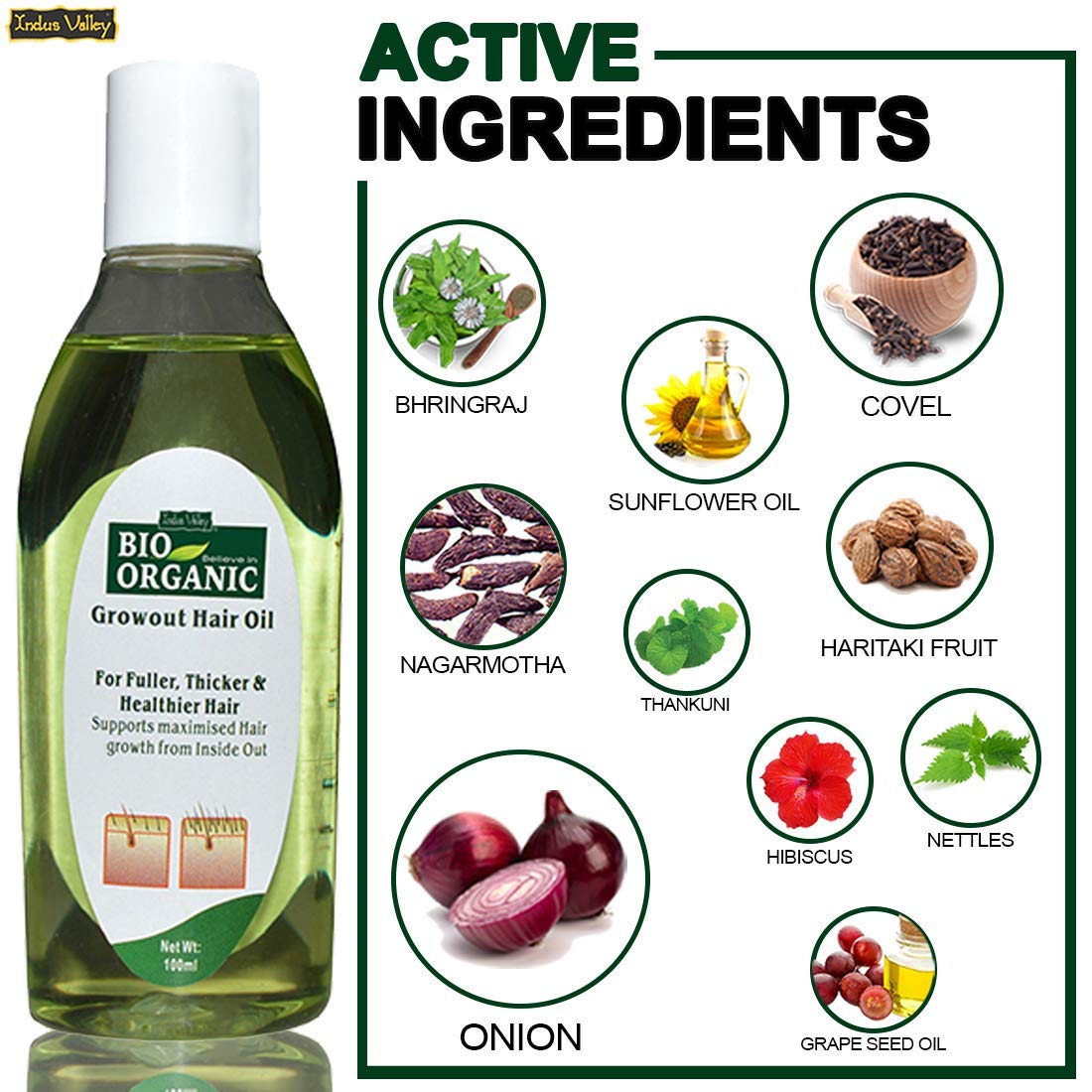 INDUS VALLEY Bio Organic Growout Hair Oil - 100ml | Natural Hair Growth Treatment for Thicker, Longer & Healthier Hair | Perfect for Daily Scalp Massage & Damaged Hair Repair