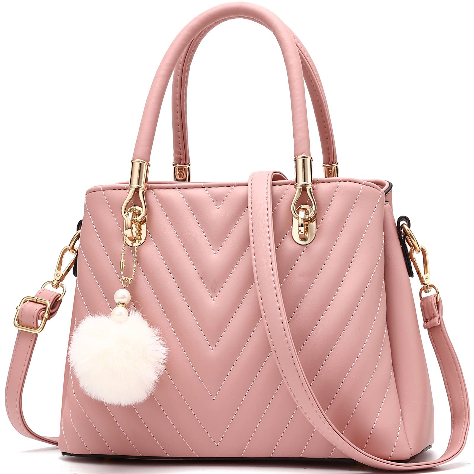 Stylish Women's Leather Handbags - Quilted Top-Handle Tote & Shoulder Satchel with Pompom | Perfect for Work, Travel & Everyday Use