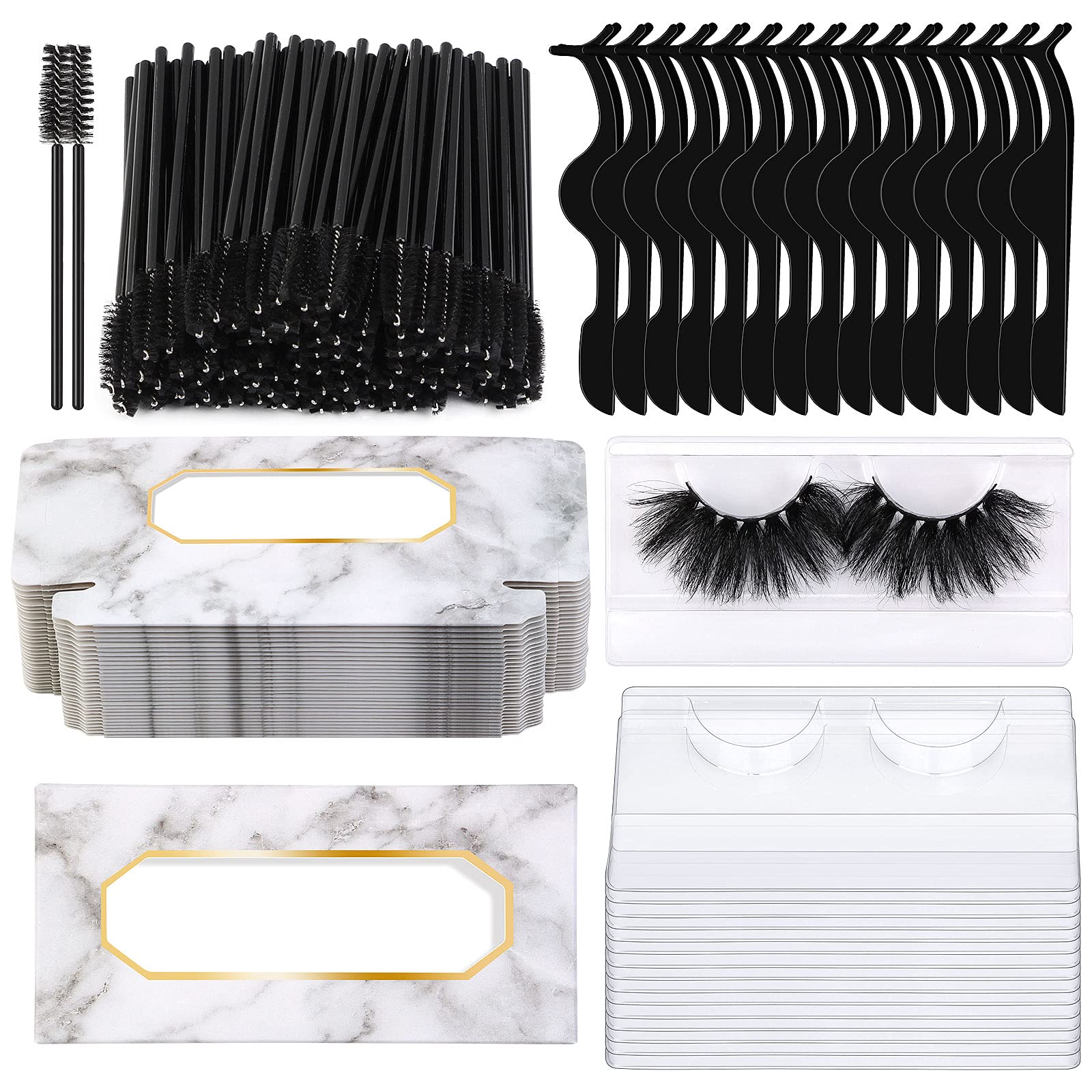 175-Piece Eyelash Extension Packaging Kit - 30 Empty Lash Boxes, 30 False Eyelash Trays, 15 Tweezers & 100 Disposable Mascara Wands (Marble Design) - Perfect for Salon Professionals, Lash Artists & DIY Beauty Enthusiasts
