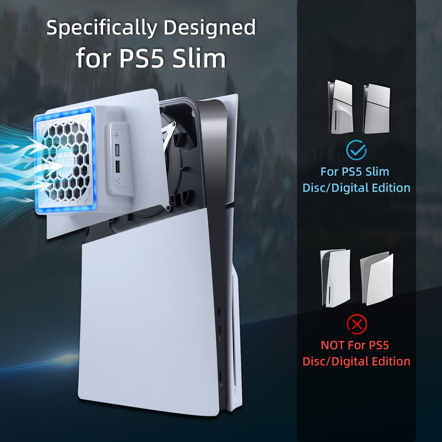 McBazel PS5 Slim Cooling Fan with RGB Light - 3 Speed Adjustable Cooling System for PS5 Slim Digital/Disc Edition - White (Not for PS5/PS5 Pro) - Perfect for Gaming & Entertainment Setup