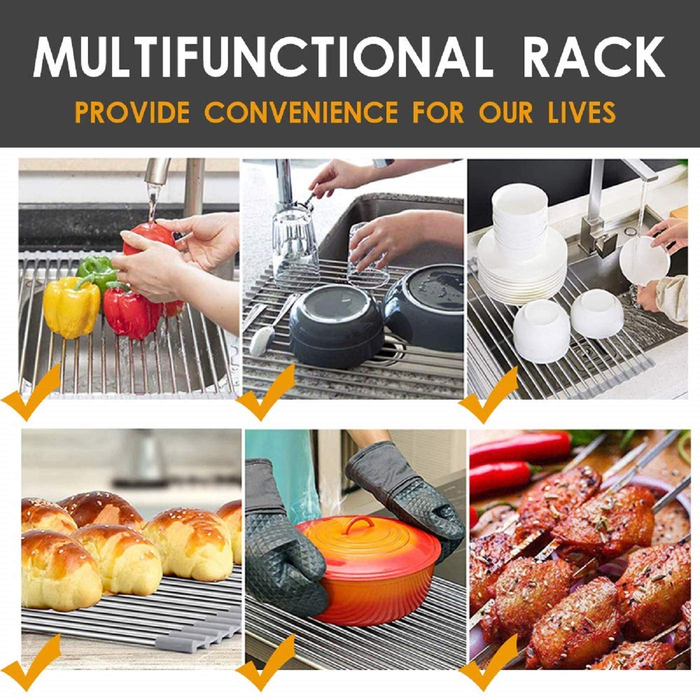 Foldable Stainless Steel Over Sink Dish Drainer - Space Saving Kitchen Utensil & Fruit Vegetable Drying Rack - Perfect for Small Kitchens, RVs & Camping Use