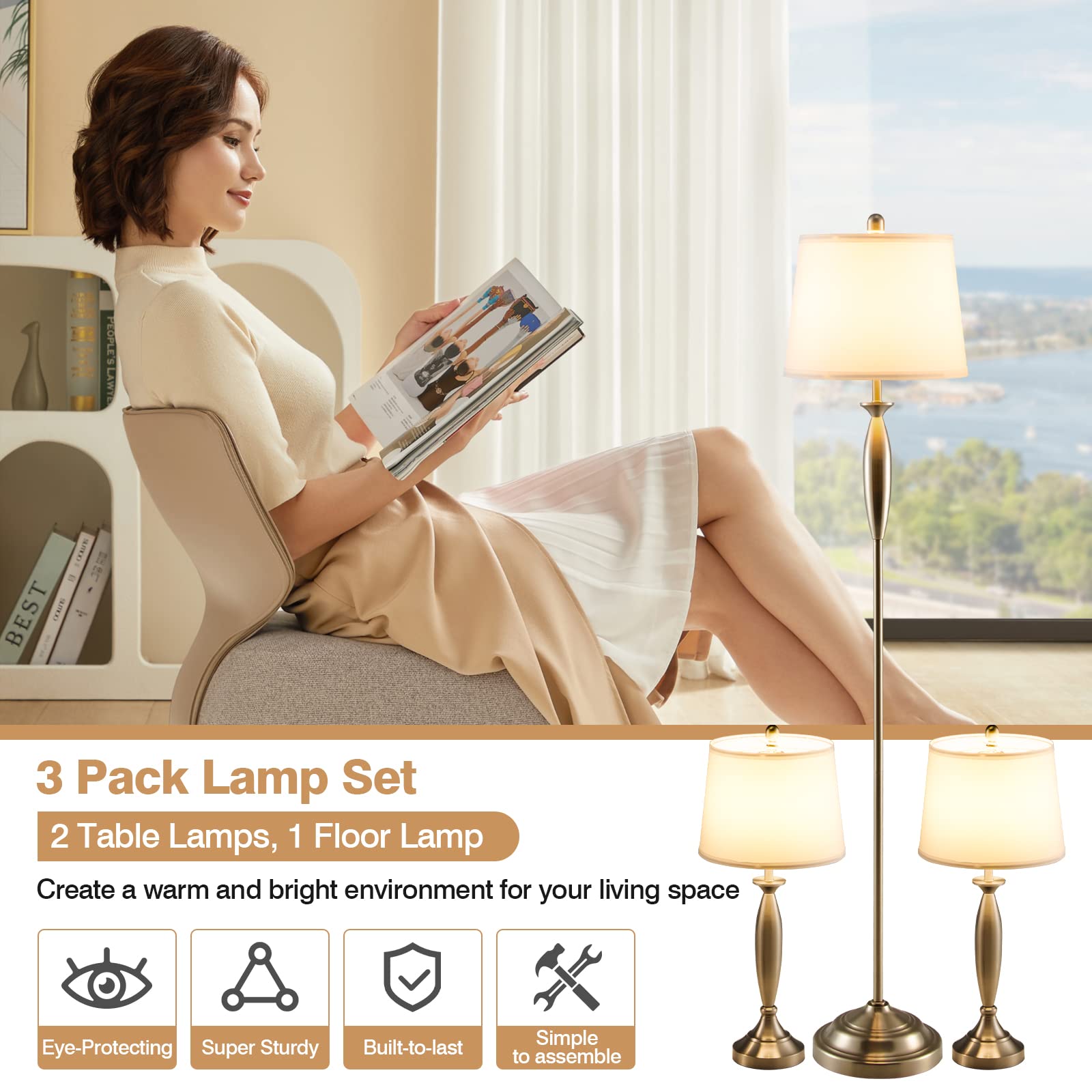 Tangkula 3-Piece Modern Lighting Set - 2 Table Lamps & 1 Floor Lamp with Weighted Base & Eye-Protecting Shade | E26 Bulb Compatible (Nickel Finish) | Perfect for Bedroom, Living Room, Study & Home Office Decor