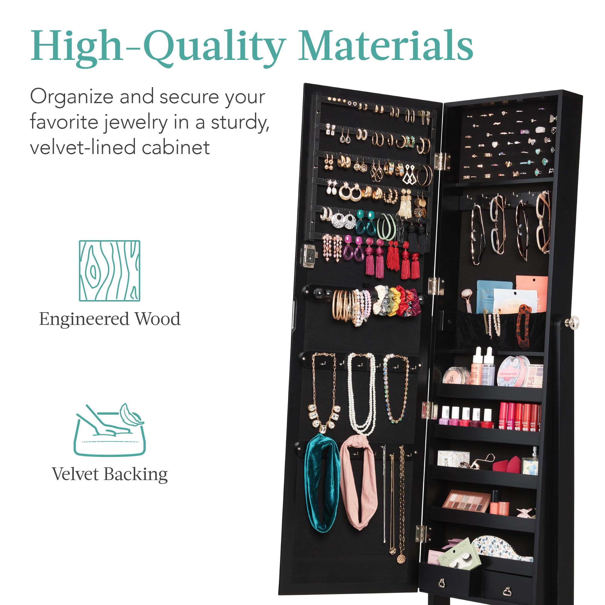Best Choice Products Freestanding Jewelry Armoire Cabinet with Full Length Mirror - Lockable Makeup Organizer with Velvet Lining, 3 Adjustable Angles, 5 Shelves & Accessory Pouch - Perfect for Bedroom, Closet & Dressing Room Organization (Black)