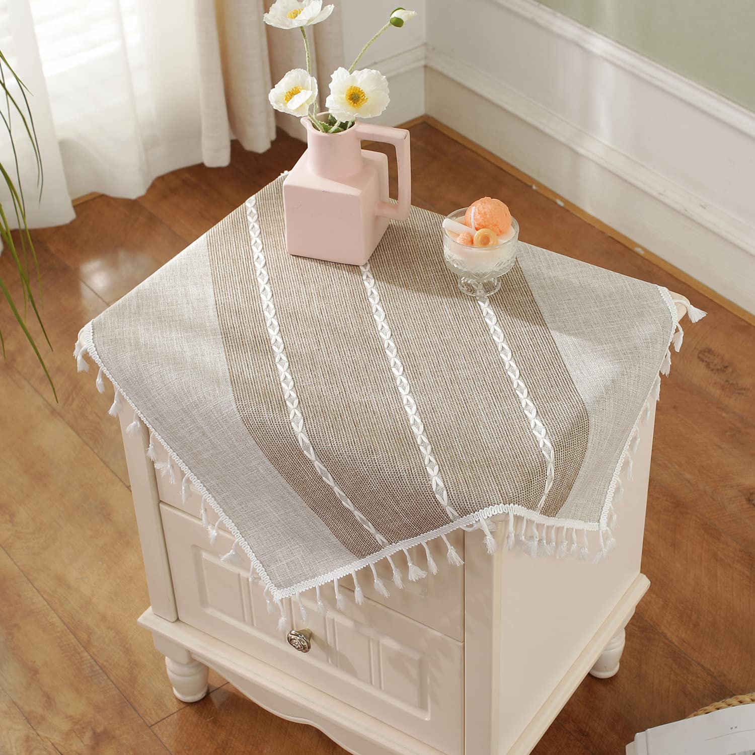 2-Pack Brown Linen Square Tablecloths 23x23 Inch - Boho Farmhouse Style Washable End Table Cover with Tassel Trim for Bedside, Coffee Table & Dining Decor