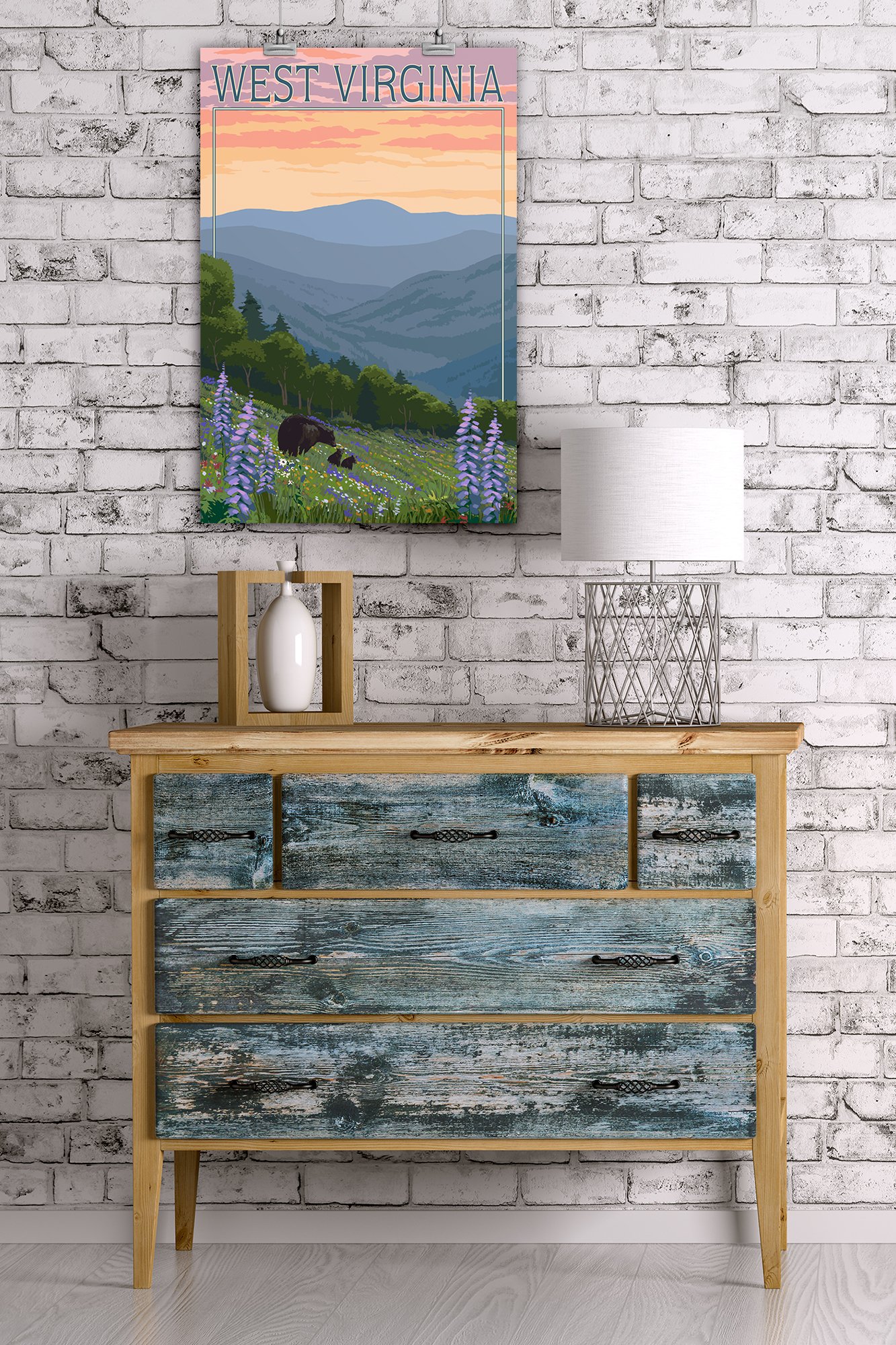 Lantern Press 16x24 Inch Giclee Art Print - West Virginia Landscape with Bear and Spring Flowers - Perfect for Home Decor, Office Wall Art & Nature Lovers Gift