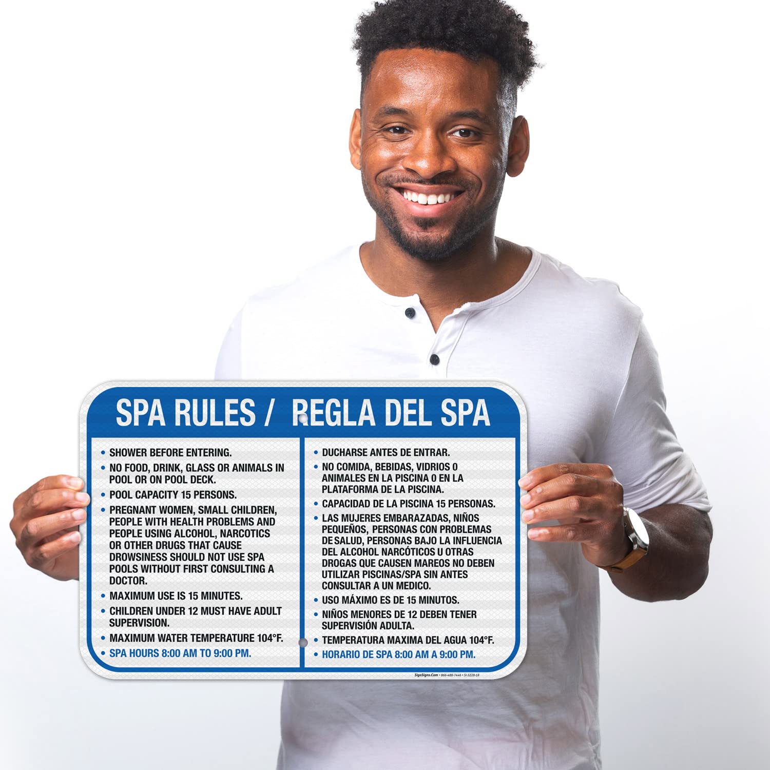 Bilingual English Spanish Spa Rules Sign - 12x18 Inches Reflective Aluminum Sign for Indoor & Outdoor Use | Fade Resistant, Easy Mounting | Perfect for Spas, Gyms, Pools & Public Areas | Made in USA