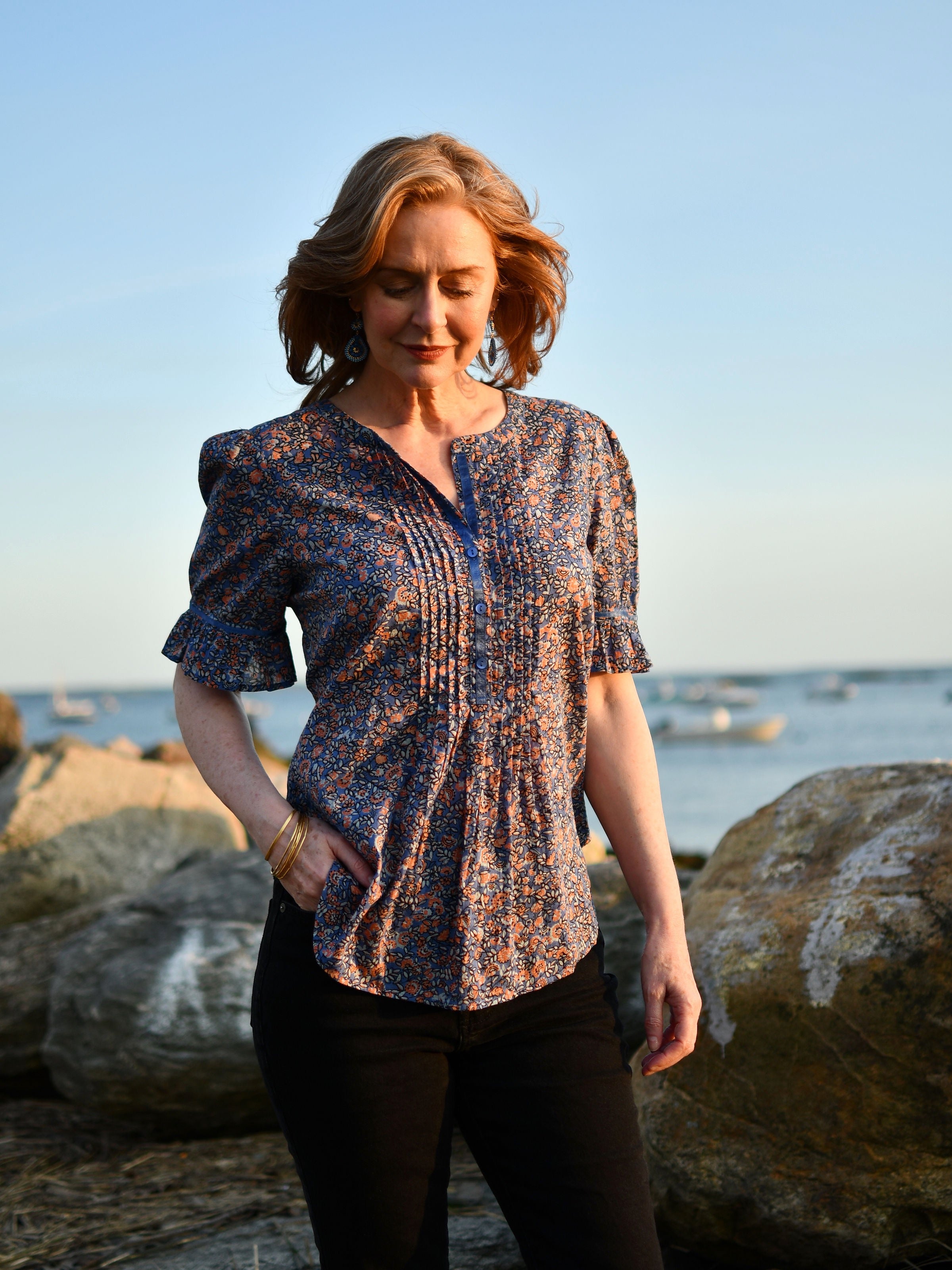 Bali Floral Blouse Women's Boho Chic Short Sleeve Tops for Summer Vacation & Beach Outfits