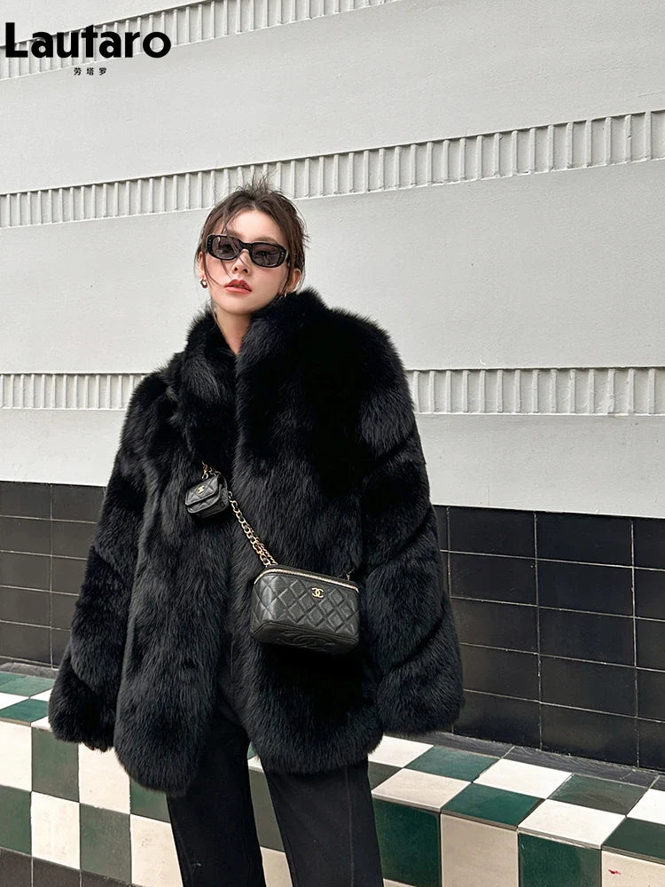 2024 Women's Luxury Black Faux Fox Fur Coat - Thick Warm Soft Shaggy Fluffy Jacket with Stand Collar for Autumn Winter | Perfect for Cold Weather, Outdoor Activities & Fashion Statement
