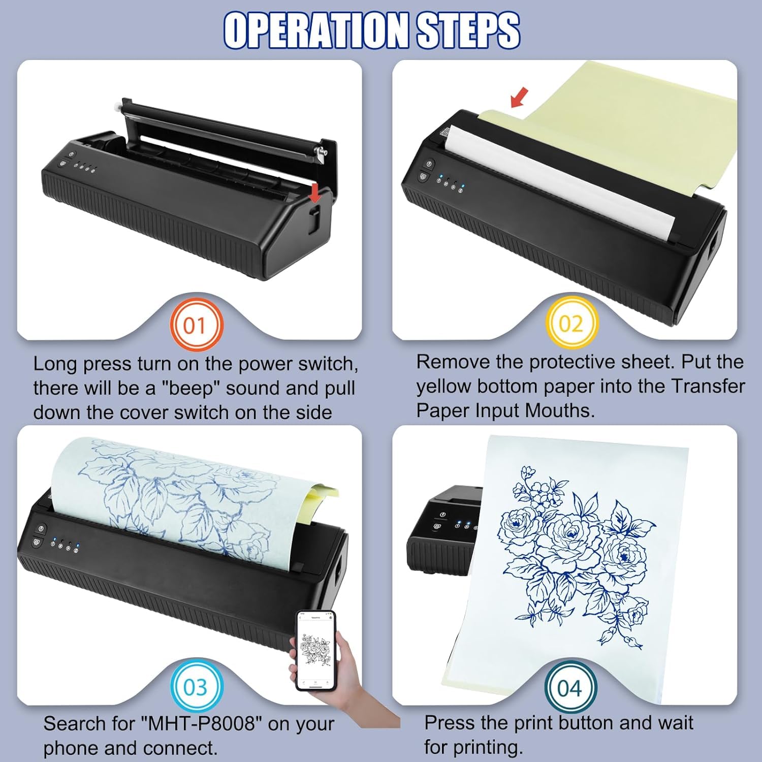 MOKOHOA Bluetooth Tattoo Transfer Printer - Portable Stencil Machine with 10 Sheets Thermal Paper & 2500mAh Battery | Wireless Tattoo Stencil Maker for Professional Artists & Home Use