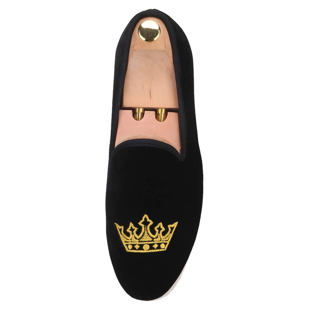 FERUCCI Men's Black Velvet Loafers with Gold Crown - Comfortable House Slippers for Wedding, Prom, Party & Formal Occasions