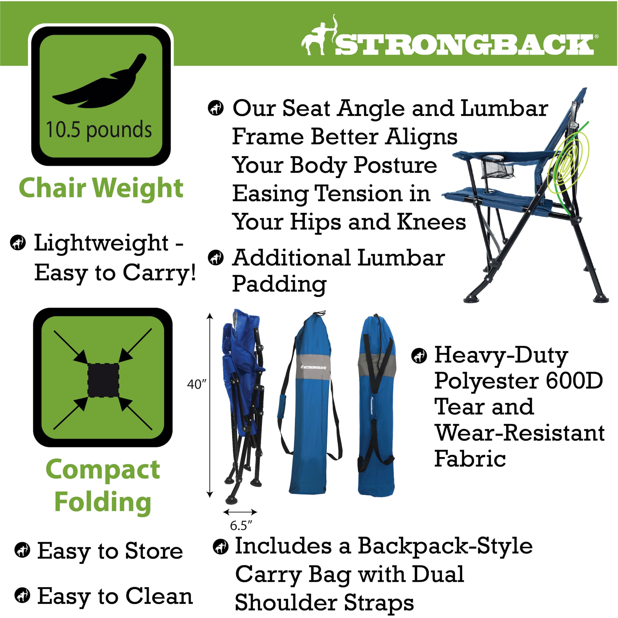 STRONGBACK Heavy Duty Camping Chair with Lumbar Support - Portable Folding Backpack Chair for Outdoor Adventures - Perfect for Camping, Hiking, Beach & Backyard Use - Navy Blue