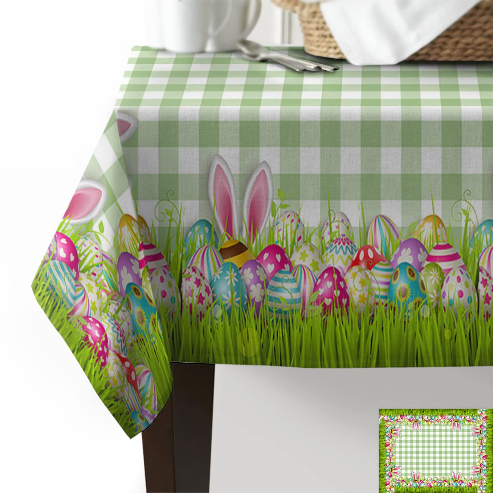 Waterproof Easter Tablecloth - Easter Egg & Bunny Green Plaid Design for Dining Table Decor - 54x108 Inch Rectangle Table Cover - Perfect for Spring Parties, Outdoor Gatherings & Holiday Celebrations