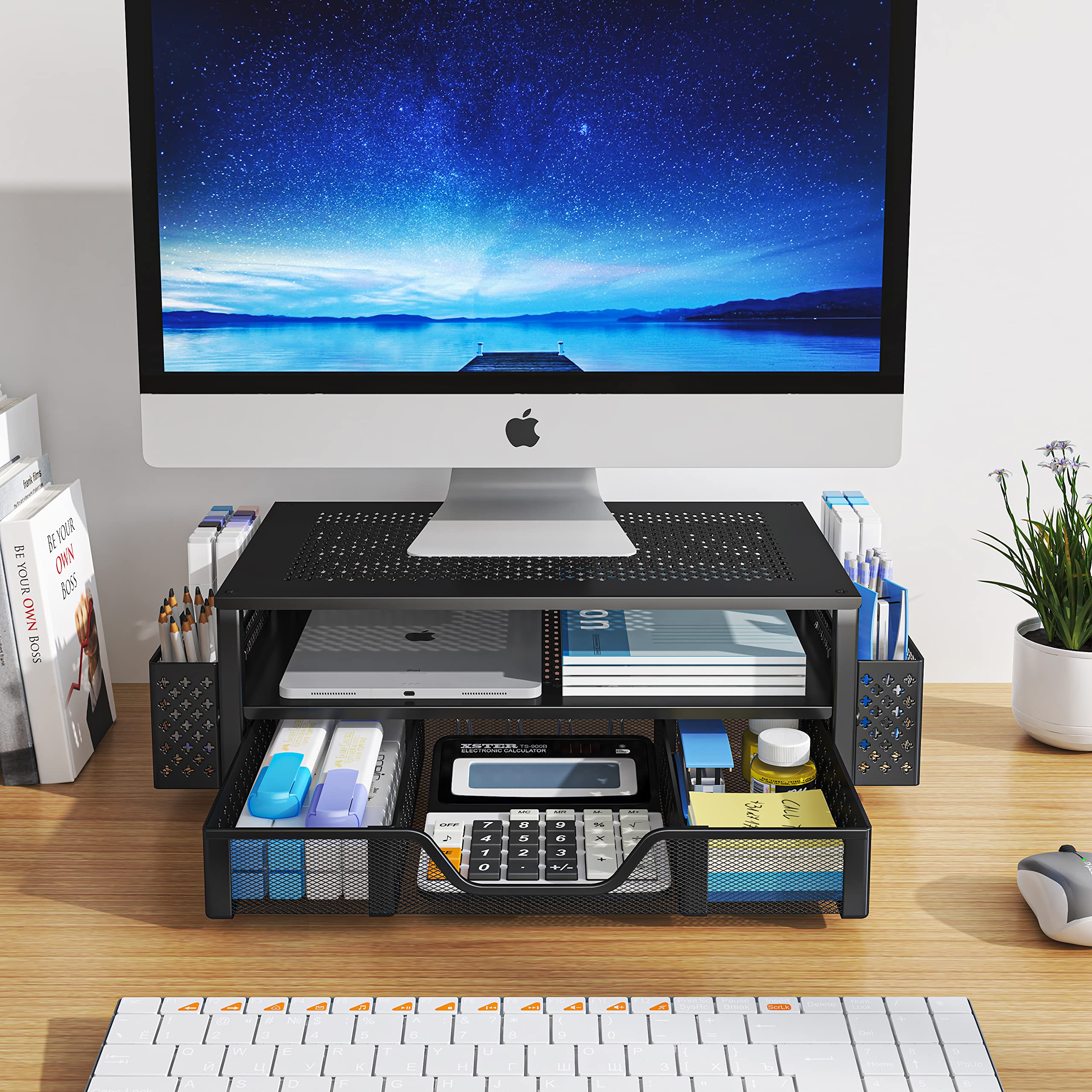 2-Tier Metal Monitor Stand & Desk Organizer with Drawer - Black | Ergonomic Riser for Laptop, Computer, iMac | Perfect for Home Office, Gaming Setup & Workspace Organization