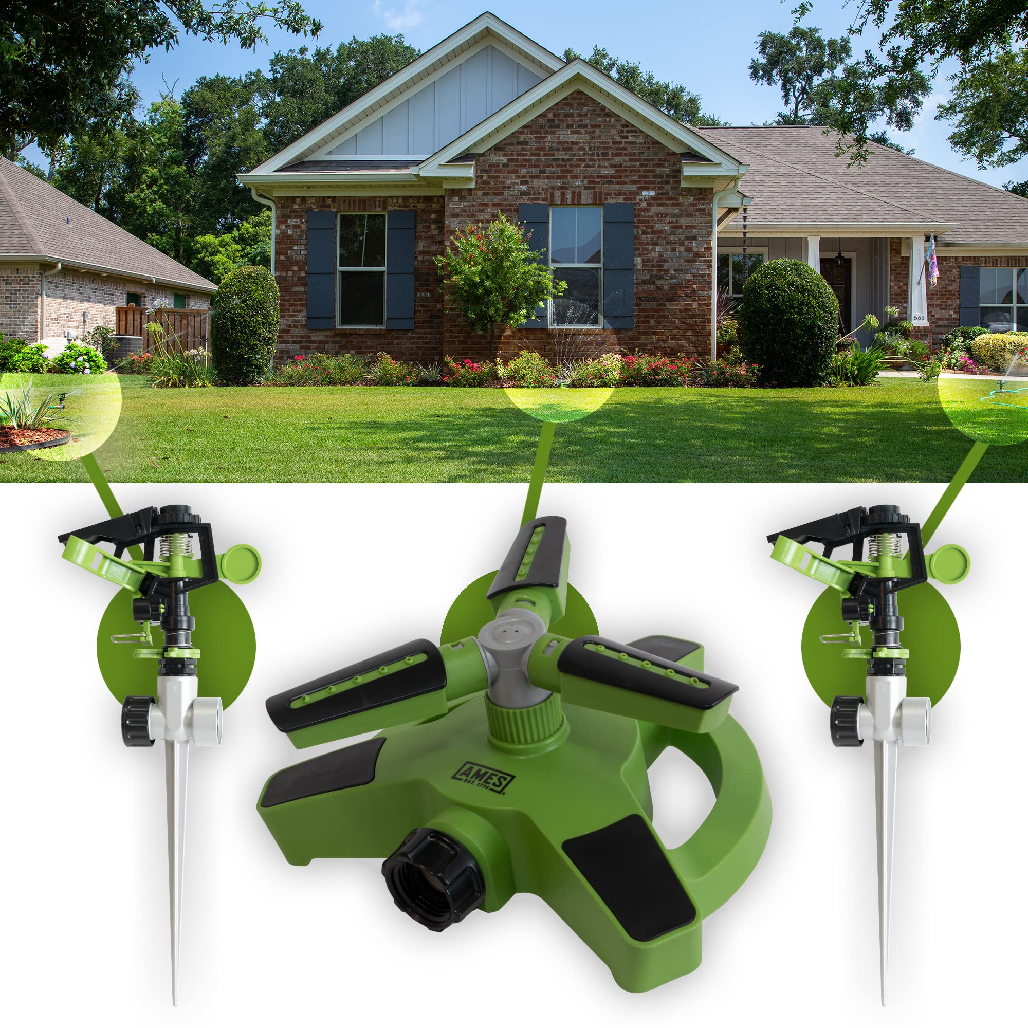 AMES 3-Piece Sprinkler Set with 2 Pulsating Spike & 1 3-Arm Rotating Sprinkler - 360° Adjustable Lawn Watering System for Garden, Yard | Easy Hose Connection | Perfect for Grass, Flower Beds & Landscaping