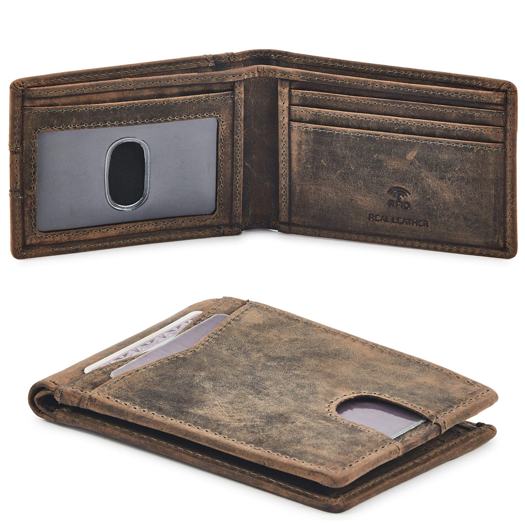 Premium Men's Bifold Leather Wallet - RFID Blocking Slim Front Pocket Wallet with ID Window | Genuine Crazy Horse Leather | Stylish Minimalist Design in Moss Green | Perfect Gift Box Included | Ideal for Everyday Carry, Business & Travel