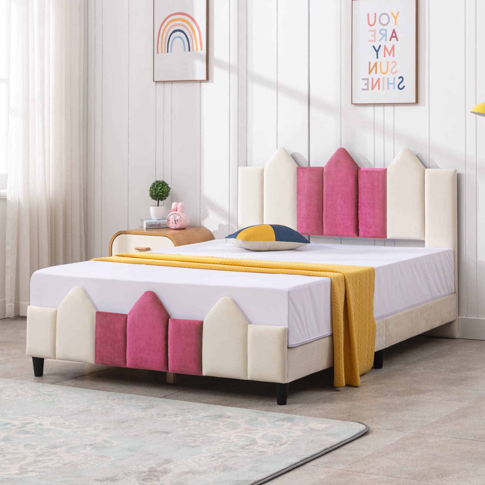 MJkone Twin Girl's Pink Princess Castle Style Upholstered Bed - No Springs Easy Assembly Kids Furniture for Bedroom Decor & Fantasy Playroom
