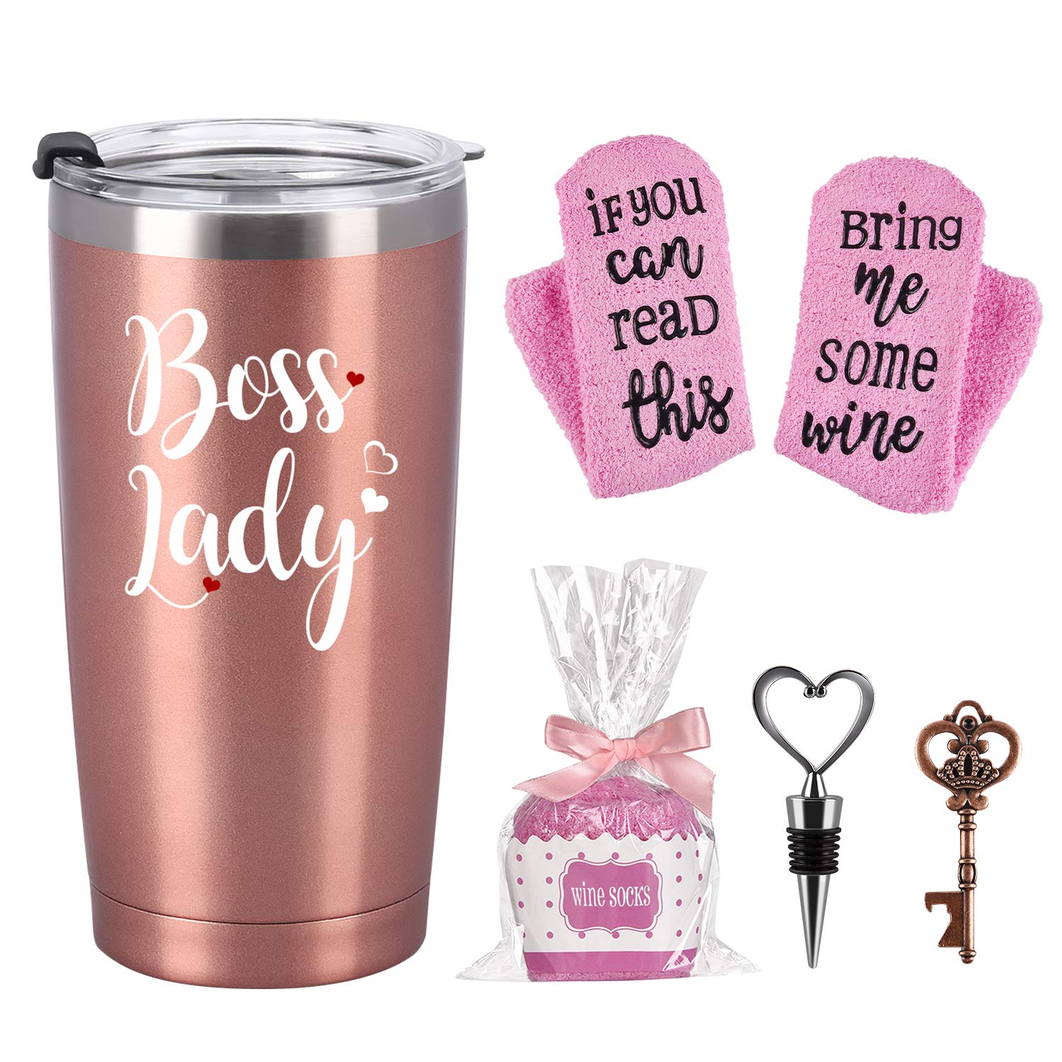 **Funny Boss Day Gifts for Women - 20oz Rose Gold Stainless Steel Insulated Tumbler with Lid & Cupcake Socks Set - Perfect for Boss Lady, Wine Lover, Mom - Christmas, Birthday, Office Appreciation Gifts - Great for Travel, Work, or Relaxing at Home**