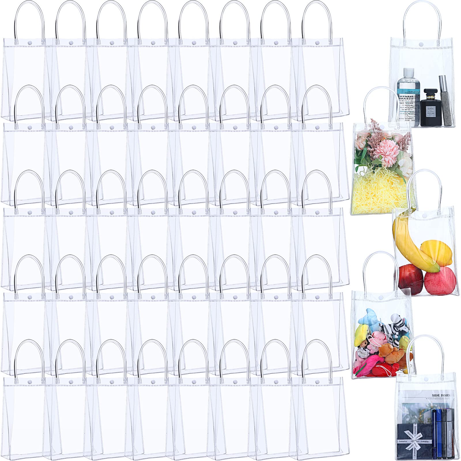 40 Pack Clear PVC Gift Bags with Handles - Reusable Transparent Plastic Tote Bags for Shopping, Gift Wrapping, Wedding, Birthday, Valentine's Day Party (8.9 x 6.5 x 2.6 Inches) - Perfect for Retail Stores, Party Favors & Holiday Gift Packaging
