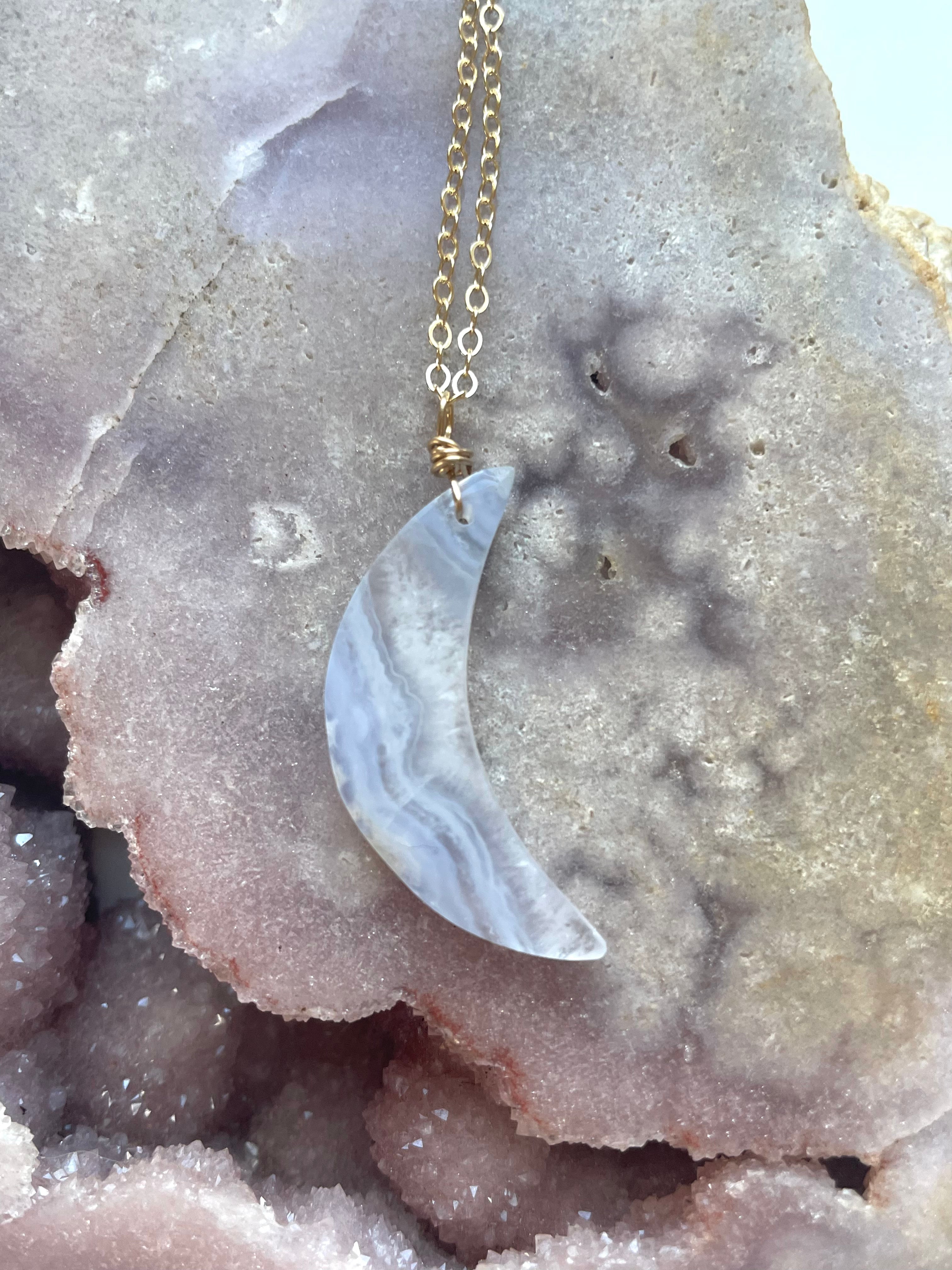 Blue Lace Agate Crescent Moon Necklace - Healing Crystal Pendant for Women | Boho Chic Jewelry for Meditation, Yoga & Spiritual Protection