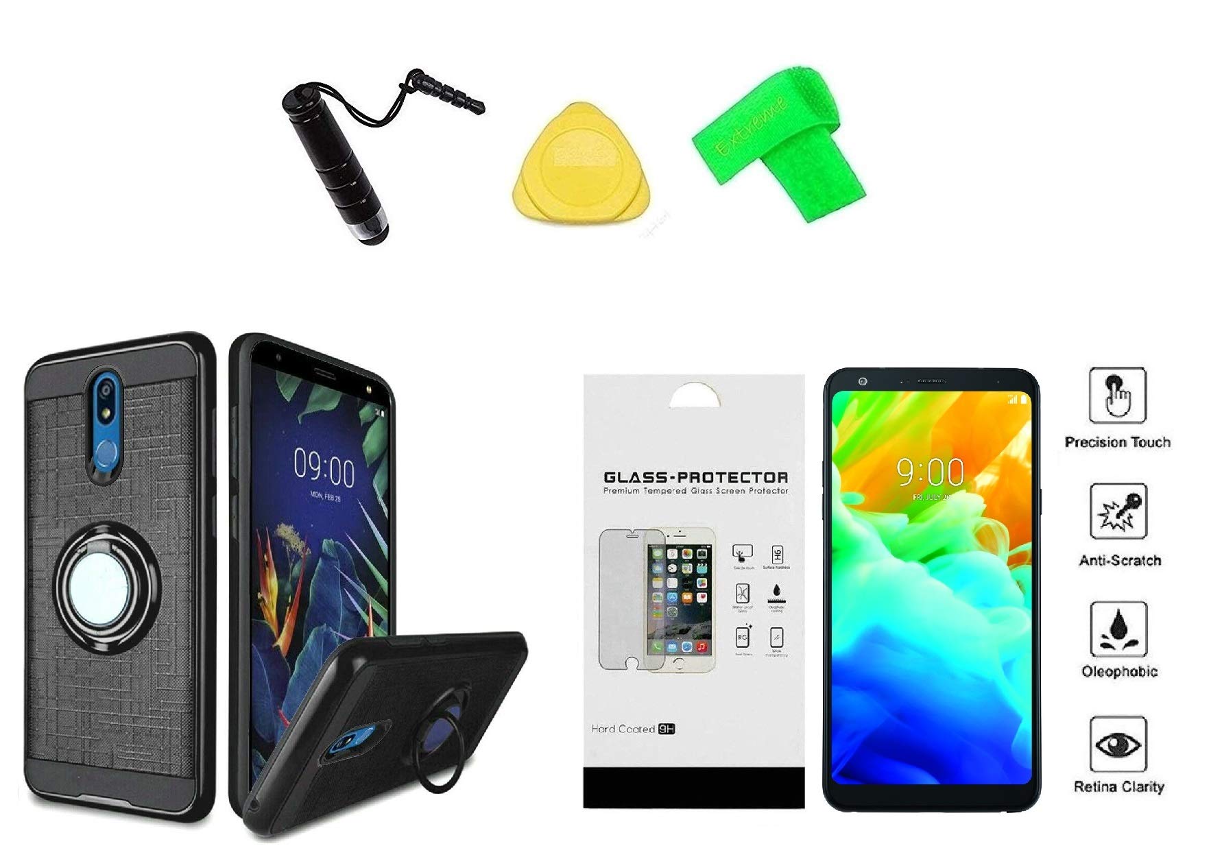 LG Solo LTE (2019) L423DL Phone Case with Magnetic Ring Stand - Slim Hybrid Cover + Tempered Glass Screen Protector + Extreme Band + Stylus Pen + Pry Tool (Black) | Perfect for Work, Travel & Everyday Protection