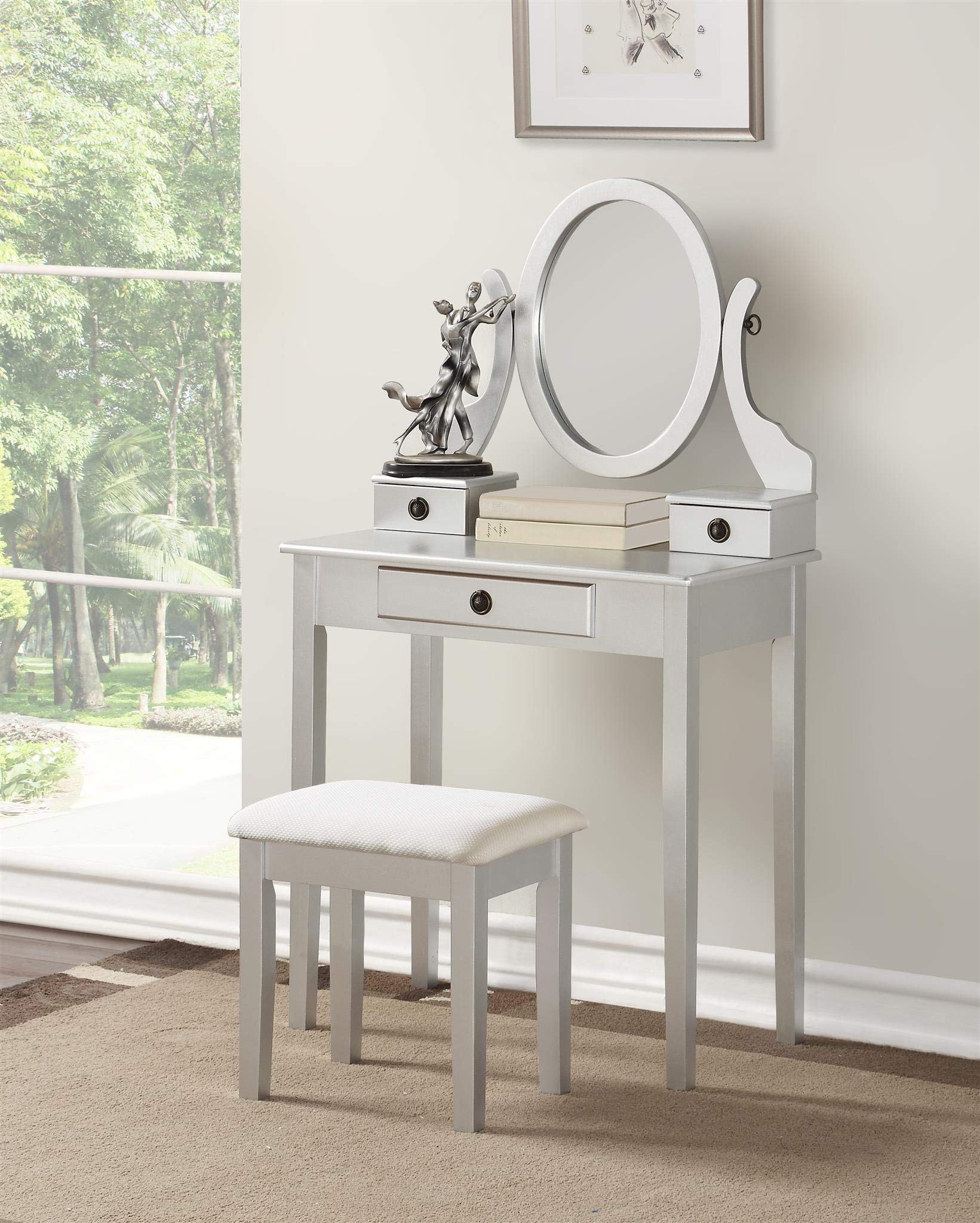 Roundhill Furniture Moniys Wooden Makeup Vanity Table with Stool Set - Silver Finish | Elegant Dressing Table for Bedroom, Bathroom & Beauty Salon | Perfect for Makeup, Skincare & Hair Styling