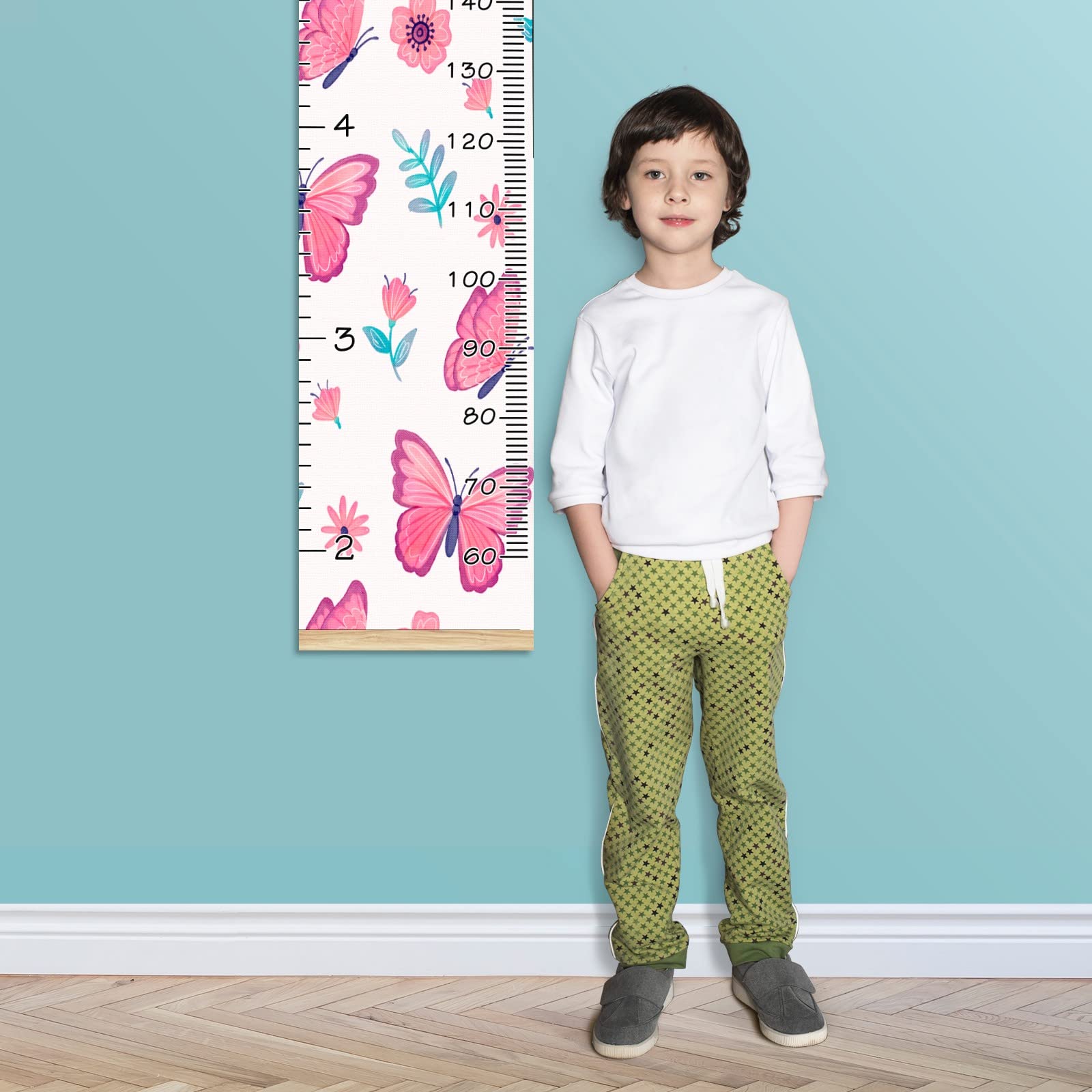 Personalized Kids Name Growth Chart Ruler - Wood Frame Wall Height Measure 13.4x56 Inches - Linen Hanging Growth Tracker with Pink Butterfly & Flower Design - Perfect for Nursery, Bedroom Decor & Baby Shower Gifts