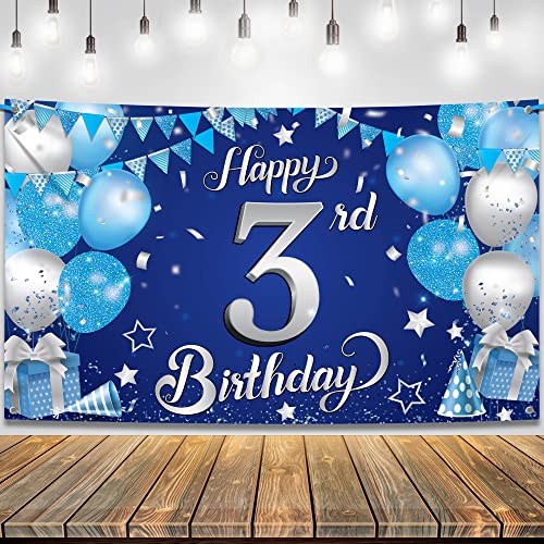 Blue and Silver Happy 3rd Birthday Backdrop