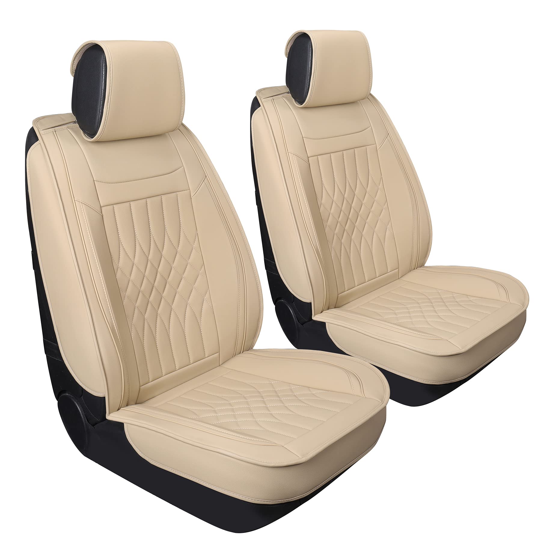 Premium Universal Leather Car Seat Covers Front Pair (2-Piece) - Waterproof Leatherette Auto Seat Protectors for SUV, Sedan, Pickup Trucks - Fits Honda, Ford & More - Beige - Perfect for Road Trips & Daily Commuting