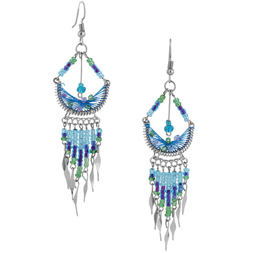 Handmade Stainless Steel Peruvian Blue Silk Thread Beaded Crescent Dangle Earrings for Women | Boho Chic Jewelry | Perfect for Festivals, Parties & Everyday Wear