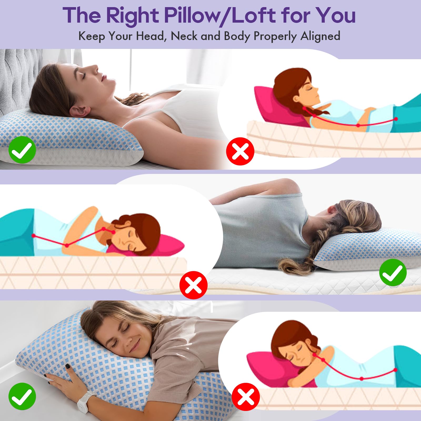 Cooling Pillows Queen Size 2 Pack - Shredded Memory Foam Pillows for Side, Back & Stomach Sleepers | Soft Firm Bed Pillow with Hypoallergenic Zipper Cover | Adjustable & Breathable 20x30 Inches | Perfect for Hot Sleepers & Night Sweat Relief