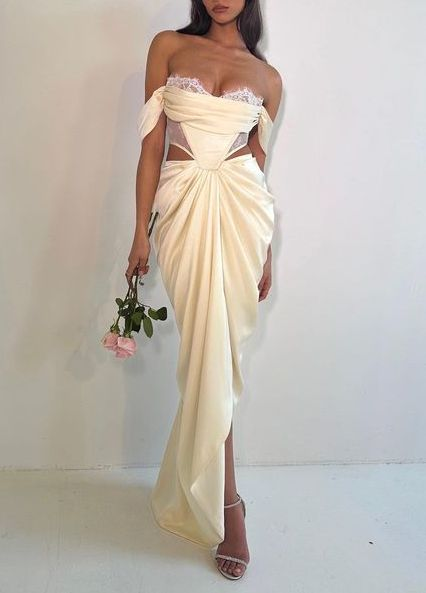Elegant Off-The-Shoulder Satin Prom Dress with Lace Details - J6779 | Perfect for Birthday Parties, Evening Galas & Formal Events