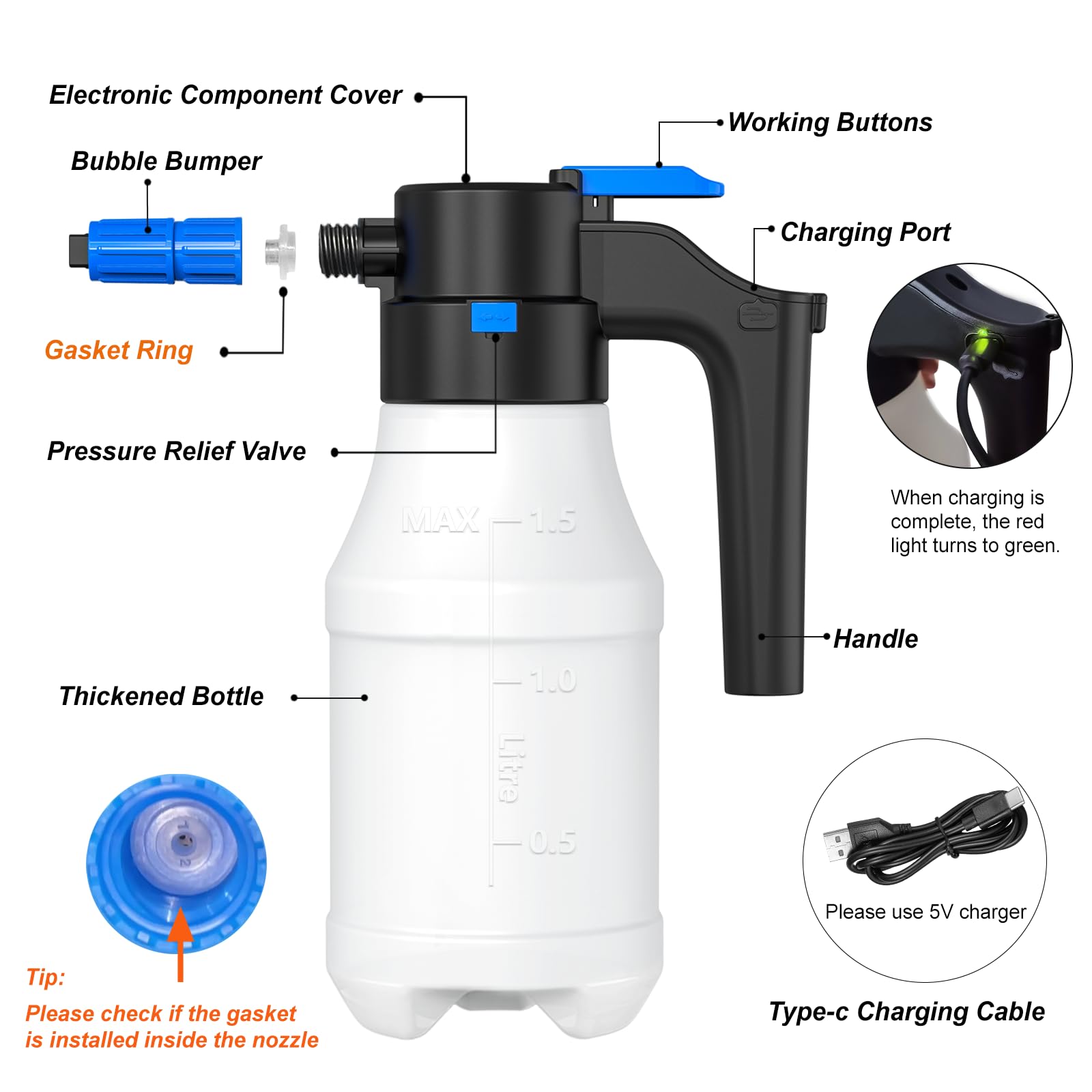 Electric Foam Sprayer with USB Rechargeable Battery - 1.5L Pressurized Car Wash Foam Cannon for Home, Garden & Auto Detailing | Perfect for Washing Cars, Motorcycles, Bikes & Outdoor Cleaning