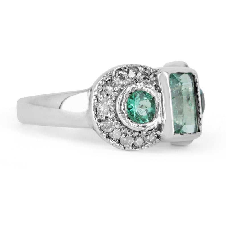 2.22ctw 14K Gold Colombian Emerald & Diamond Vintage Three Stone Statement Ring for Women - Elegant Jewelry Gift for Anniversary, Engagement & Special Occasions