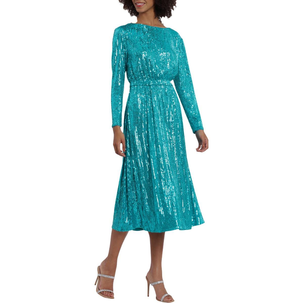 Maggy London Women's Boat Neck Long Sleeve Midi Dress - Elegant Flowy A-Line Formal Dress for Wedding, Party & Office Wear