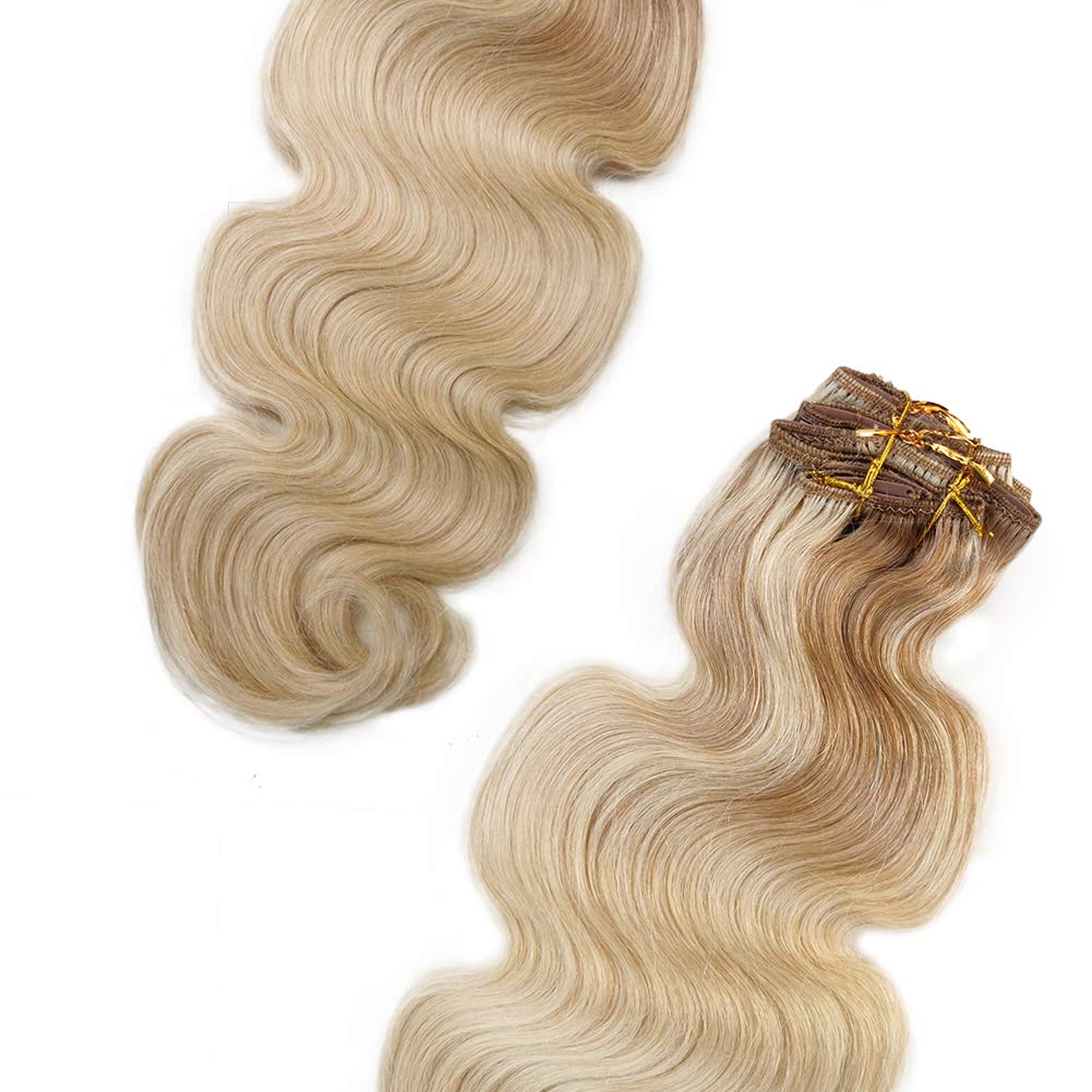 18 Inch Ombre Clip-in Human Hair Extensions - Body Wave Double Weft 100% Real Human Hair - Golden Brown to Bleach Blonde Curly Thick Hair Pieces (140g, 8 Pcs Full Head) - Perfect for White Women for Daily Styling, Parties & Special Occasions