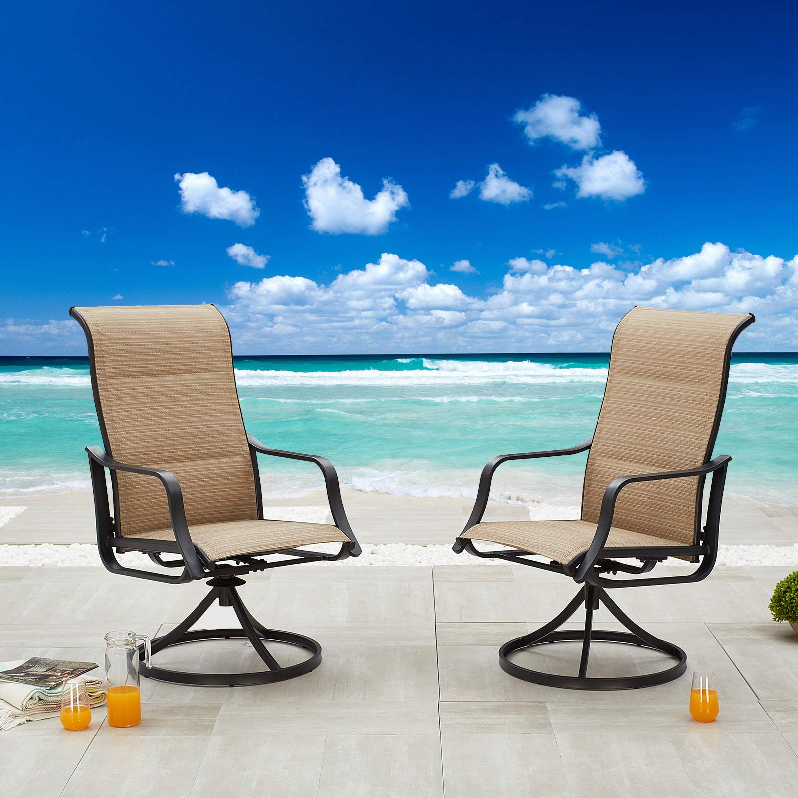 360° Swivel Outdoor Dining Chairs Set of 2 - Textilene High Back Breathable Patio Furniture for Deck, Garden, Pool - Beige - Perfect for Backyard BBQs, Poolside Lounging & Outdoor Entertaining
