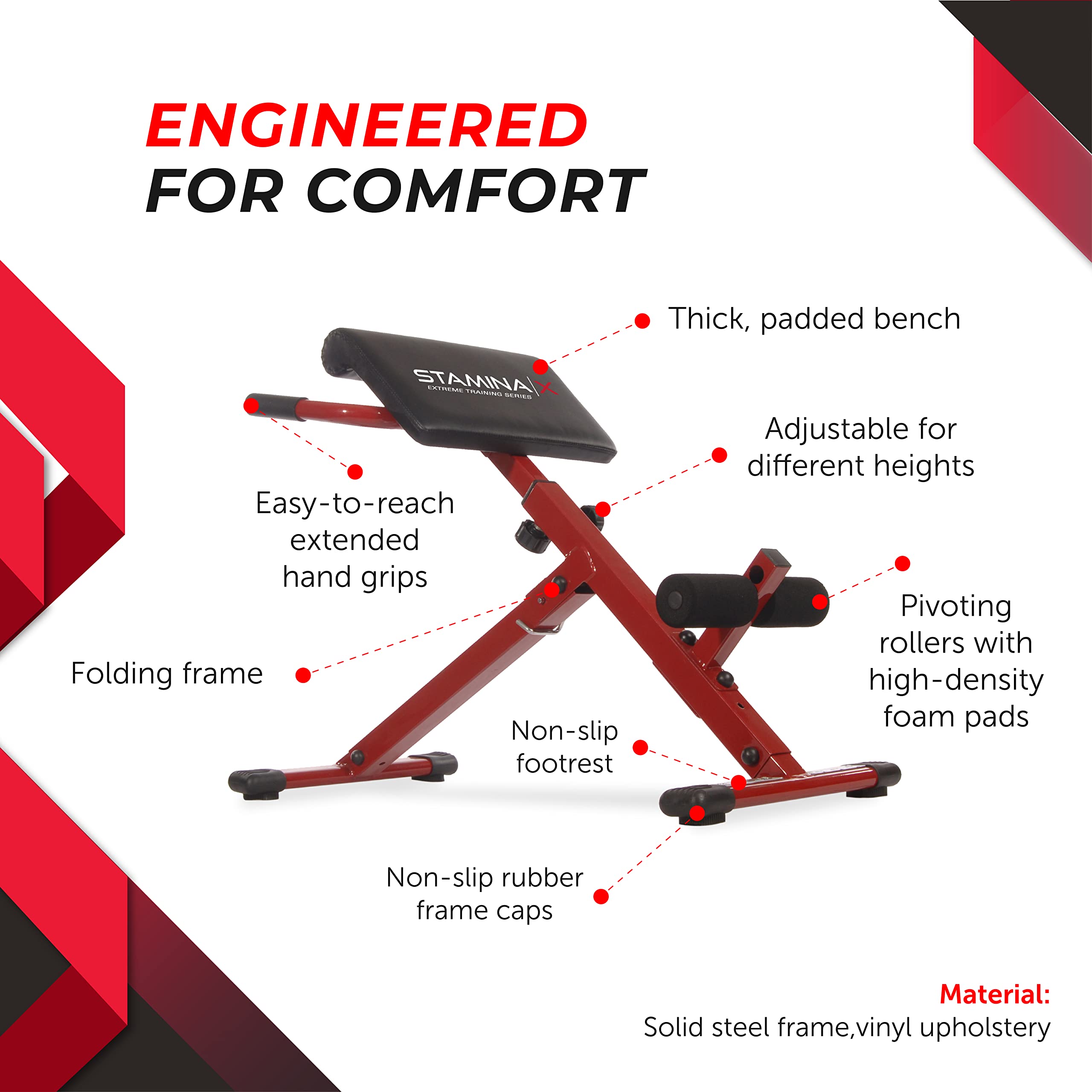 Stamina X Adjustable Abdominal, Back & Core Strength Training Bench - Hyperextension & Sit-Up Workout Equipment for Home Gym Fitness - Perfect for Core Exercises, Strength Training & Full-Body Workouts