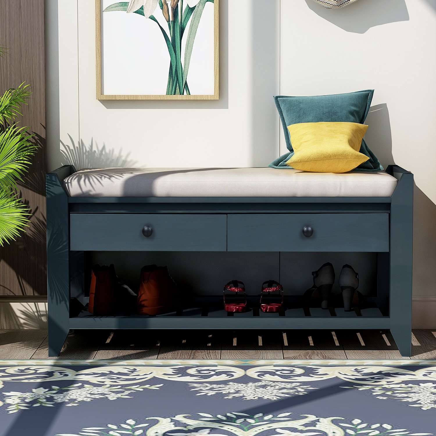 Multipurpose Storage Bench with Cushioned Seat & Drawers - Shoe Rack, Entryway Organizer for Hallway, Bedroom & Living Room | Durable Home Furniture