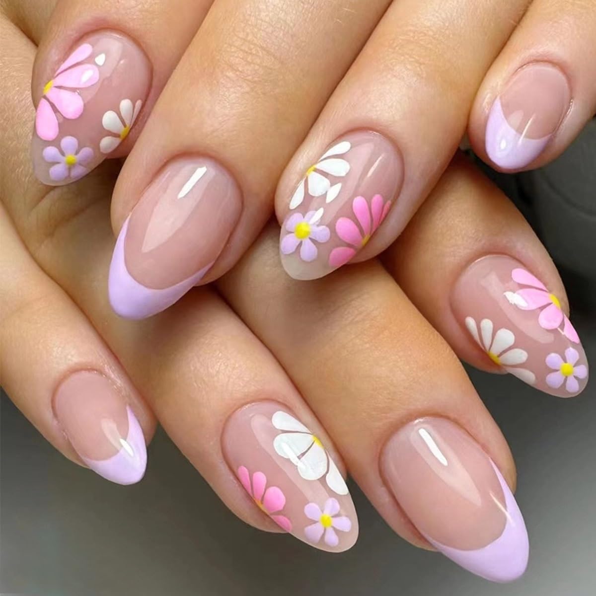 6 Packs (144 Pcs) Almond Press on Nails Kit - Short Flower & Medium Leaf Fake Nails with Nail Glue | 12 Sizes & 6 Styles for Women | Perfect for Parties, Weddings, Daily Wear & DIY Nail Art