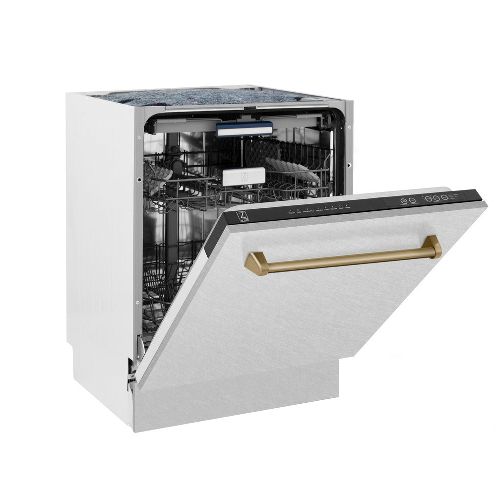 ZLINE Autograph Edition 24-inch Built-In Tall Tub Dishwasher with 3rd Rack - Satin Stainless Steel Panel & Champagne Bronze Handle - 51dBa Quiet Operation (DWVZ SN 24 CB) - Perfect for Modern Kitchens and Open-Concept Homes