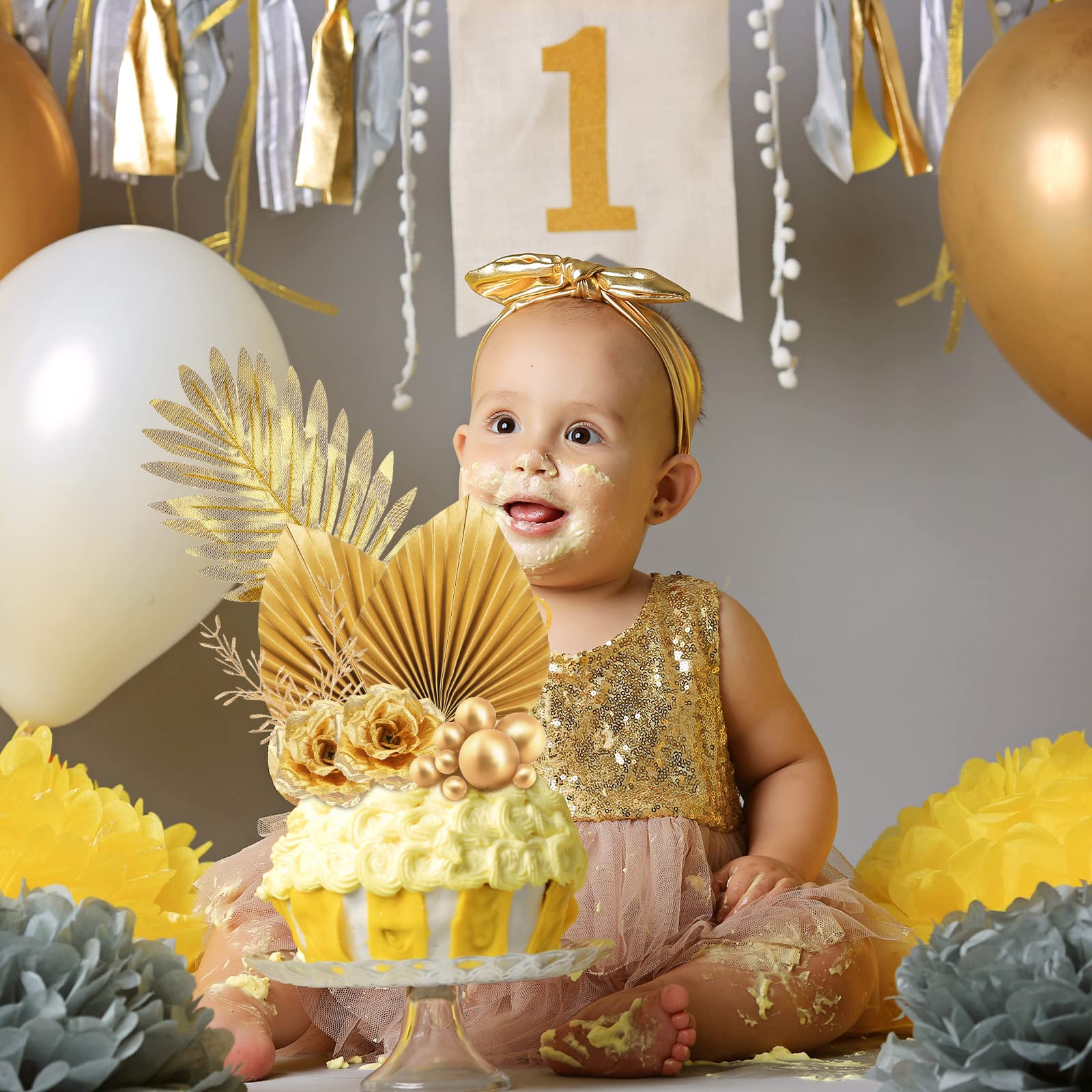 Gold Palm Leaf Cake Toppers - 26pcs Floral Decor for Birthday & Wedding Cakes