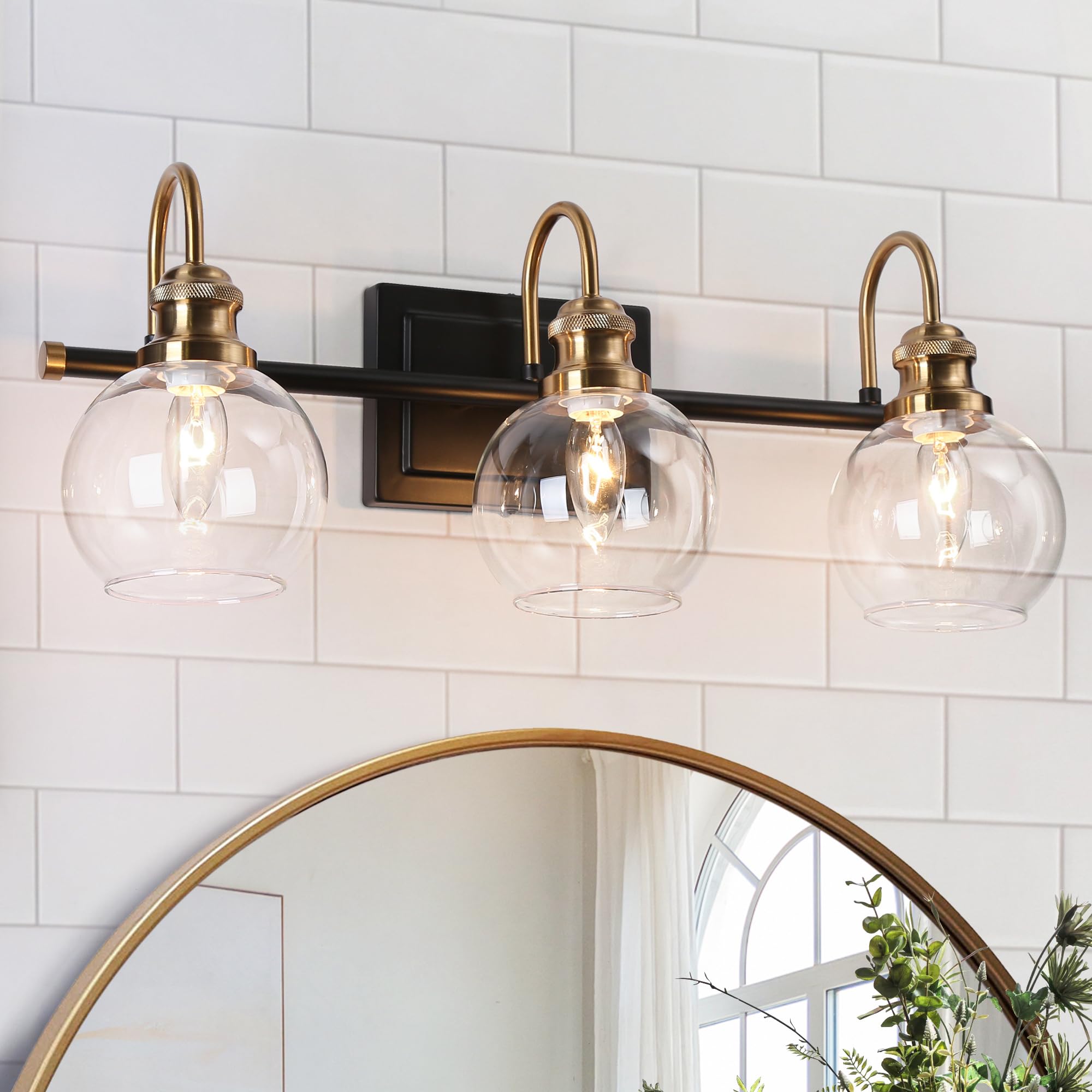 ZEVNI Black Gold Vanity Lights - 3-Light Bathroom Light Fixtures with Clear Glass Globes, 22