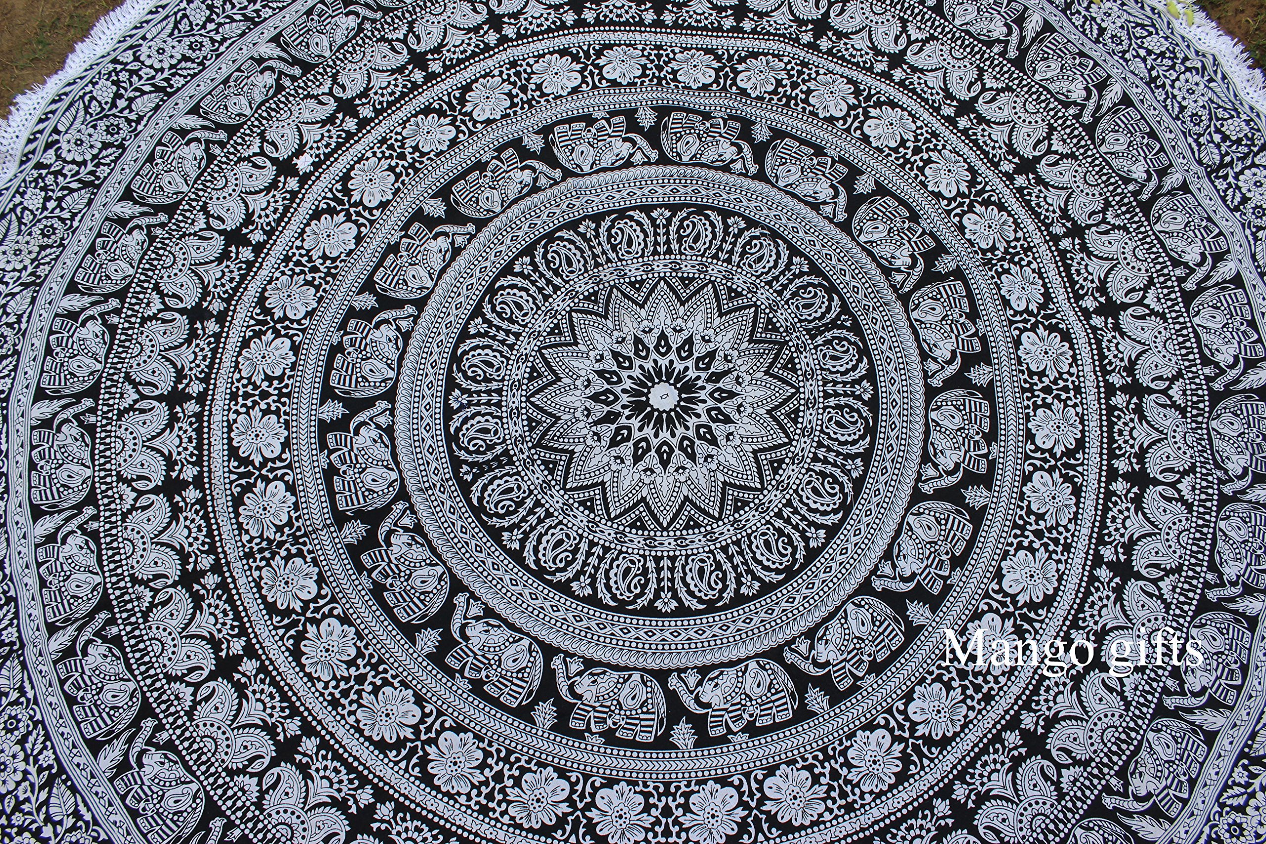 Elephant Mandala Round Beach Throw Blanket - Indian Tapestry with Carry Bag for Yoga, Meditation & Bohemian Home Decor | Hippie Style Outdoor Picnic, Festival & Travel Accessory by Mango Gifts