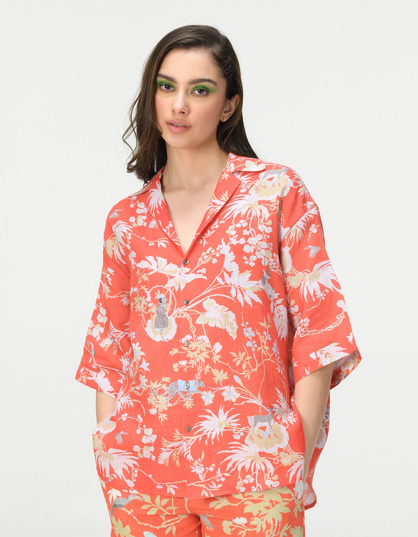 Stylish Oversized Linen Bush Shirt in Coral - Perfect for Summer Outings & Beach Vacations