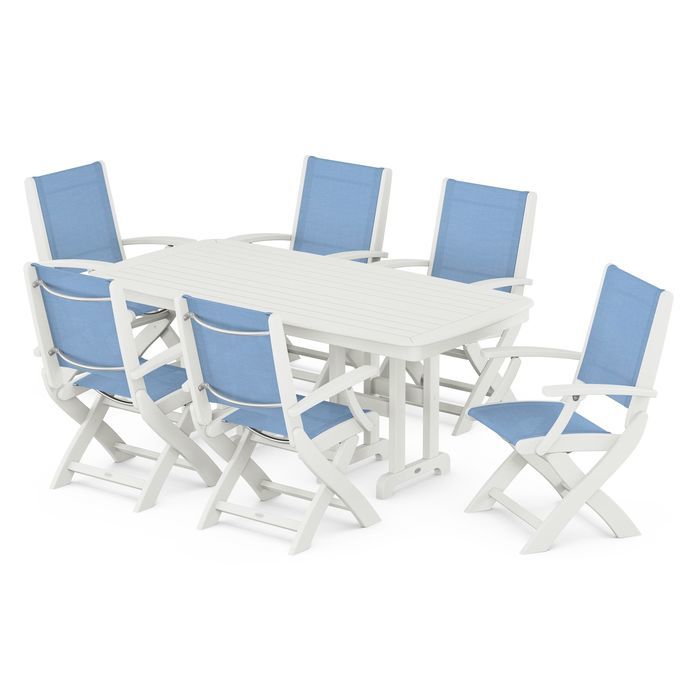 POLYWOOD Coastal Folding Arm Chair 7-Piece Outdoor Dining Set - Perfect for Patio, Deck, Poolside & Beachfront Entertaining