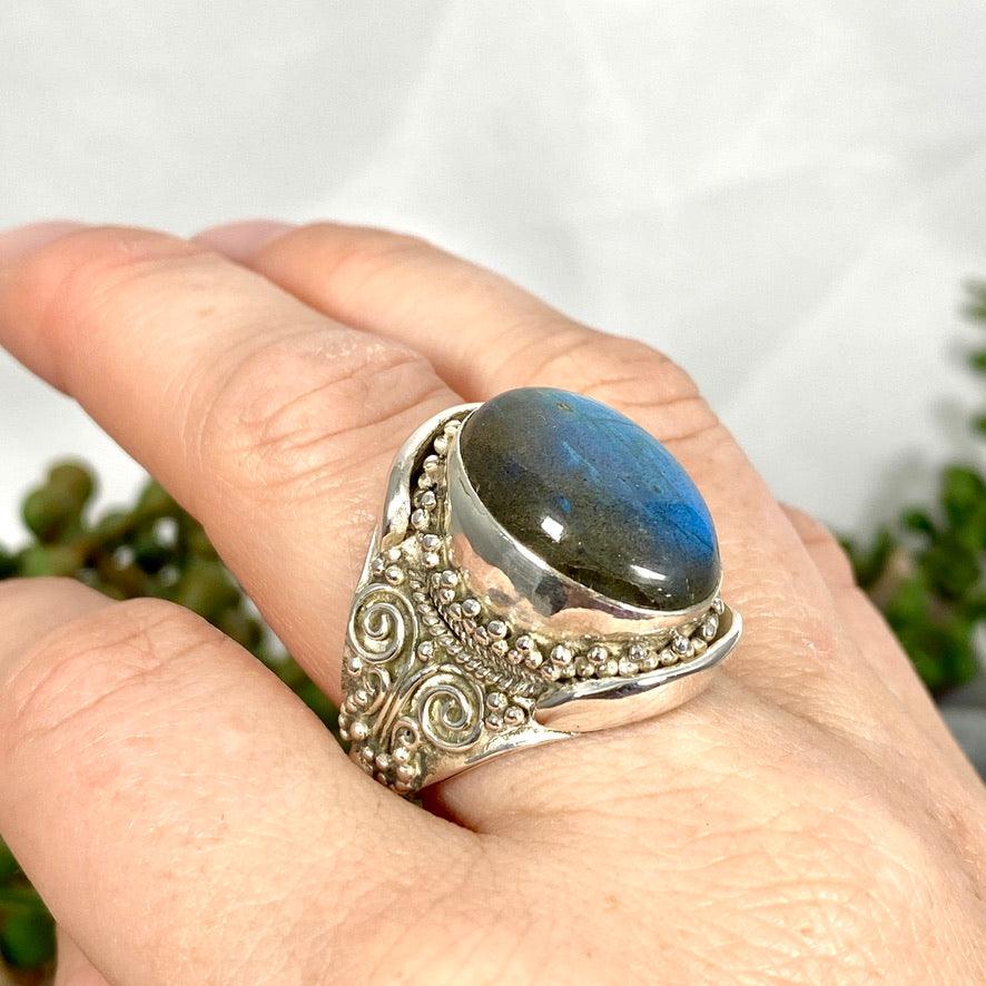 Boho Style Labradorite Oval Ring - Size 11 - Sterling Silver Handmade Jewelry - KRGJ2771 | Perfect for Festival, Wedding & Everyday Boho Fashion